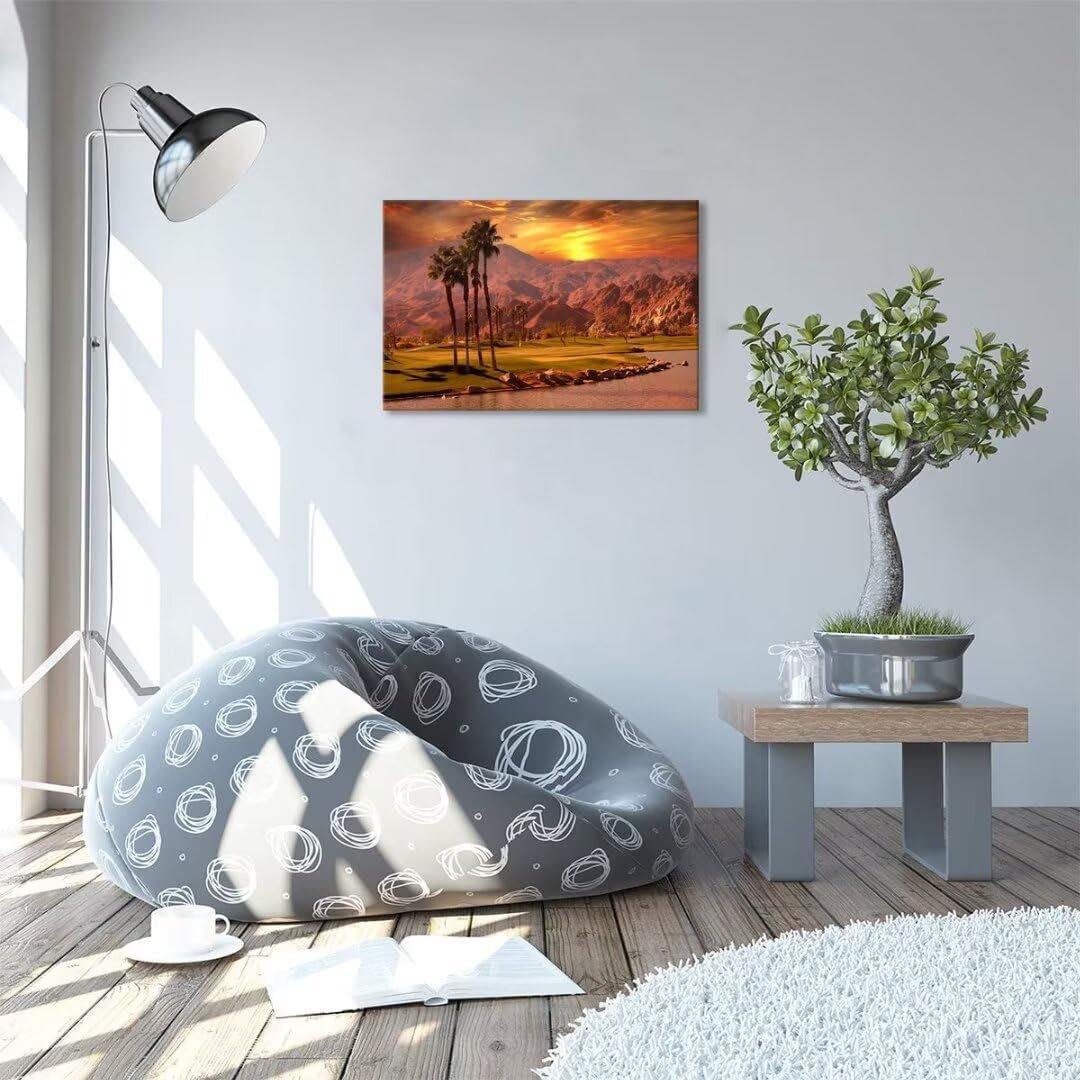 USA California Golf Course Wall Art for Living Room Bedroom Bathroom Home Decorations Golf Course at Sunset Springs Landscap Painting Canvas Prints Modern Artwork Framed Ready to Hang(12''H x 16''W)