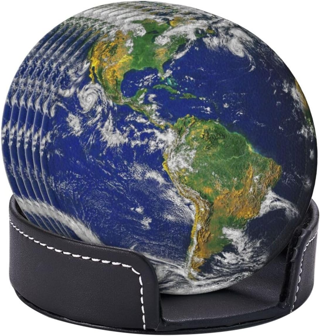 Planet Earth North and South America Map Coasters for Drinks Round Leather Coaster with Holder Set of 6 for Tabletop Protection Desk Accessories Office Home Room Decor