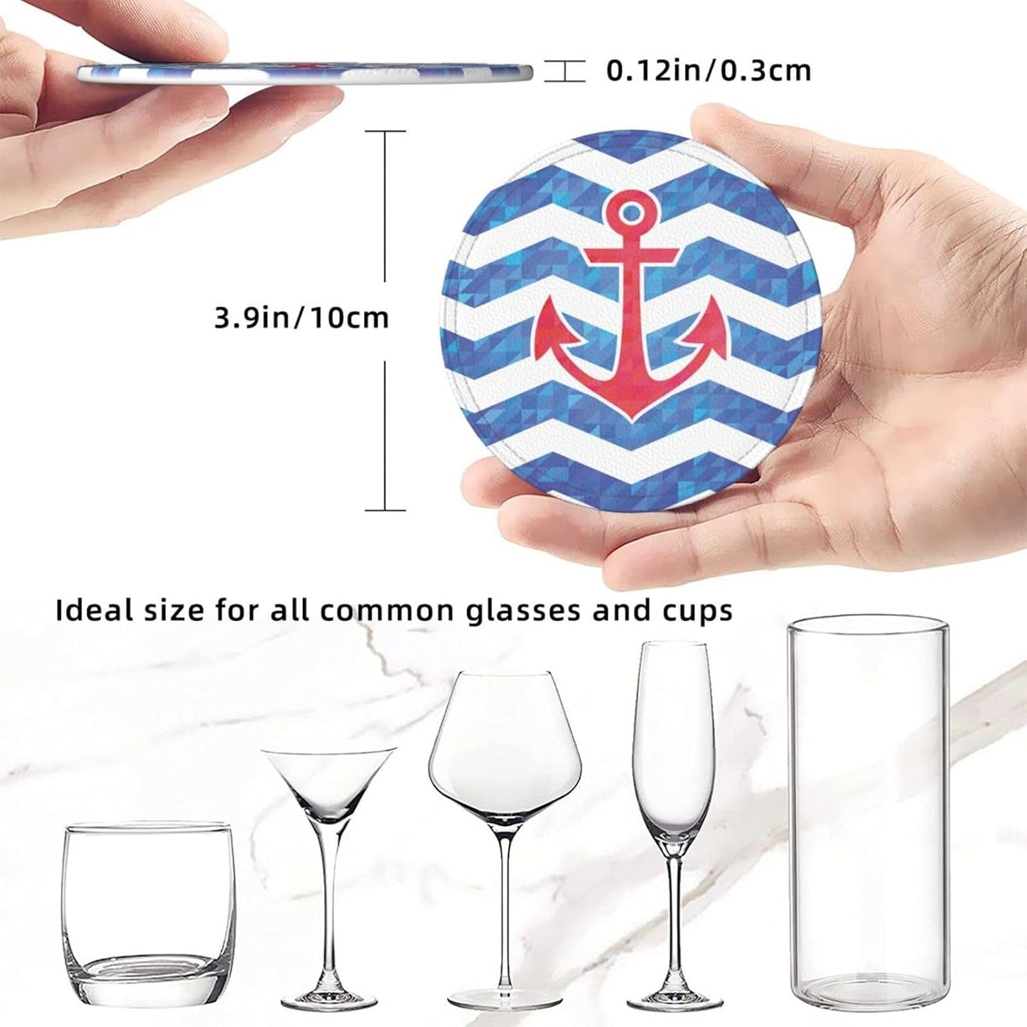 Nautical Anchor Red Blue Coasters for Drinks Round Leather Coaster with Holder Set of 6 for Tabletop Protection Desk Accessories Office Home Room Decor