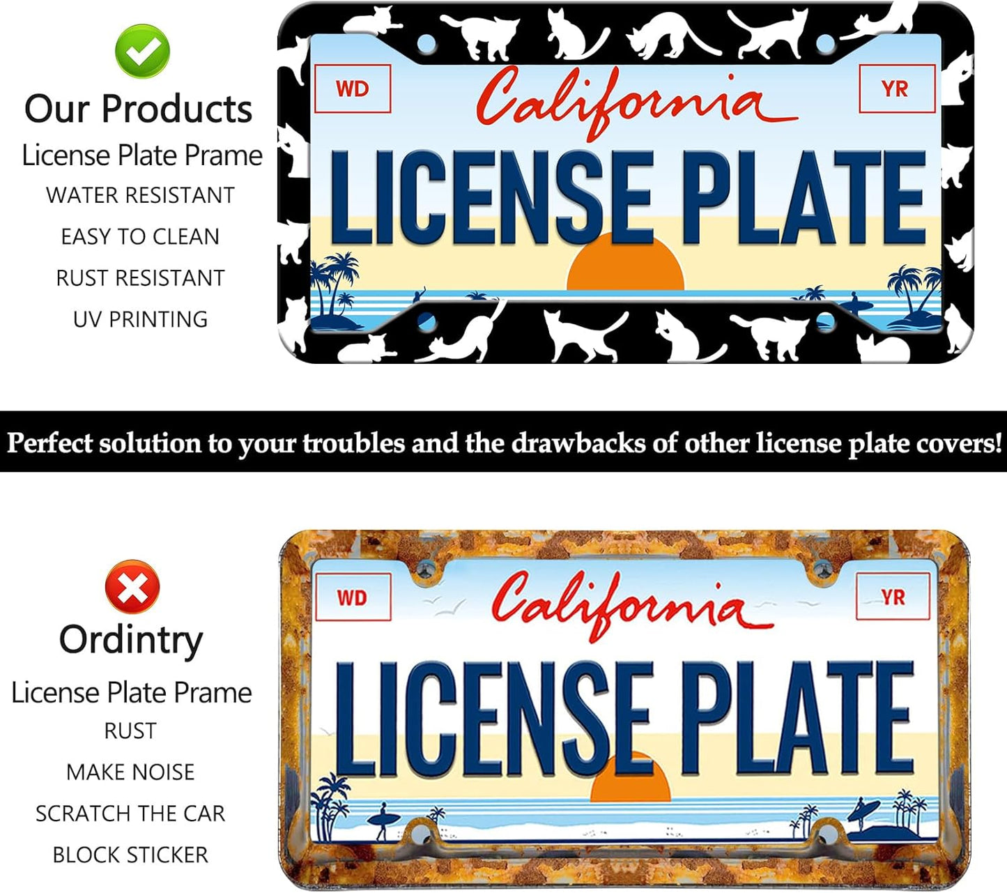 Cat License Plate Frames - 2 Pack Front Rear Cute Cats Pet Animal License Plates Holder Covers, Aluminum Metal Rust-Proof Waterproof Car Tag Frame with Screws Fasteners Caps