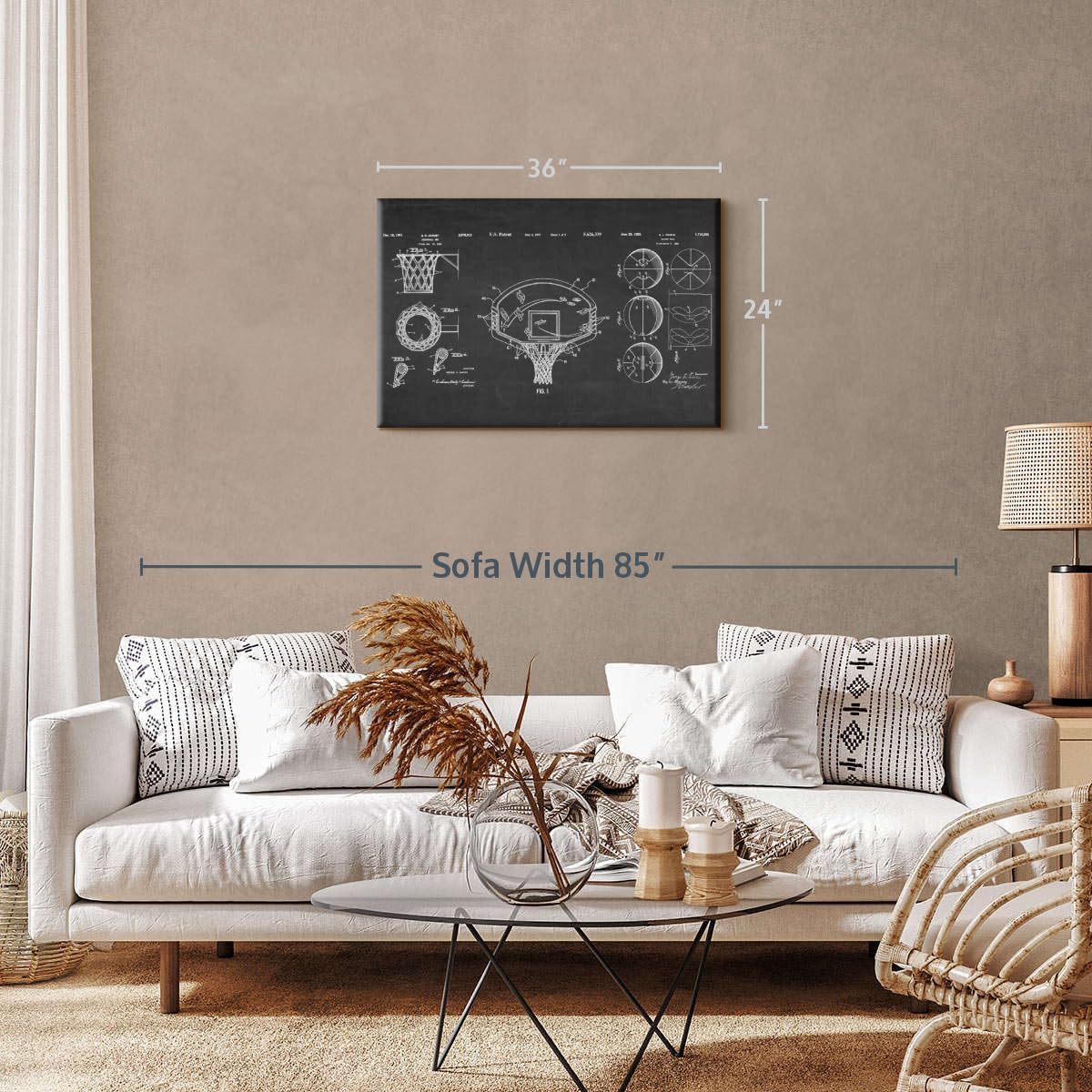 ElephantStock Basketball Patents Canvas - 1 Panel Sports Patent Wall Art Decor - Sports Decorations for Boys Room - Wall Art and Office Decor - 36" X 24"