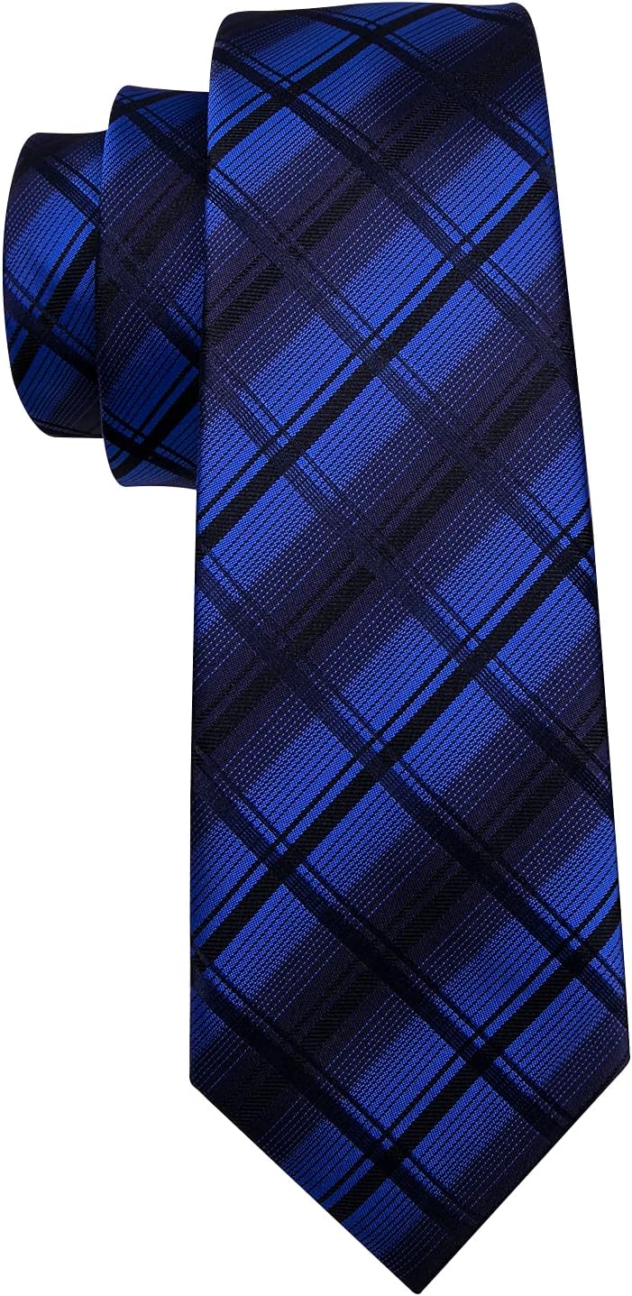 Barry.Wang Designer Classic Ties for Men Set Formal Pocket Square Cufflink Check Plaid