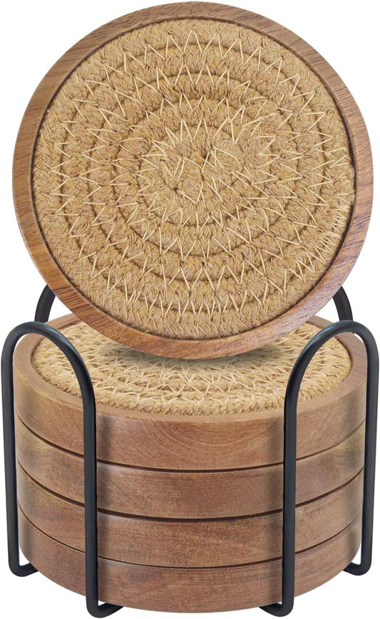 Woven Coasters Set of 5, Wooden Coasters with Holder for Coffee Table, Housewarming Gift for Farmhouse Home Decor, 4 inches