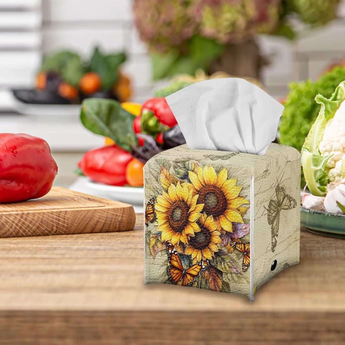Sunflower Tissue Box Cover Square Leather Tissue Cover 5x5x5 inch Oil Paited Style Home Decorative Facial Paper Box Holder for Desk Bathroom Vanity Countertop