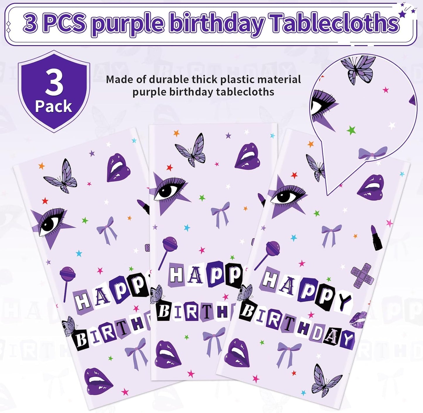 Grencian 3Pcs Purple Pop Music Tablecloth Table Cover Plastic Rectangle Table Cloth Music Theme Party Decorations for Girls Vocalist Tour Concert Fans Gathering Party Supplies 54" x 108"
