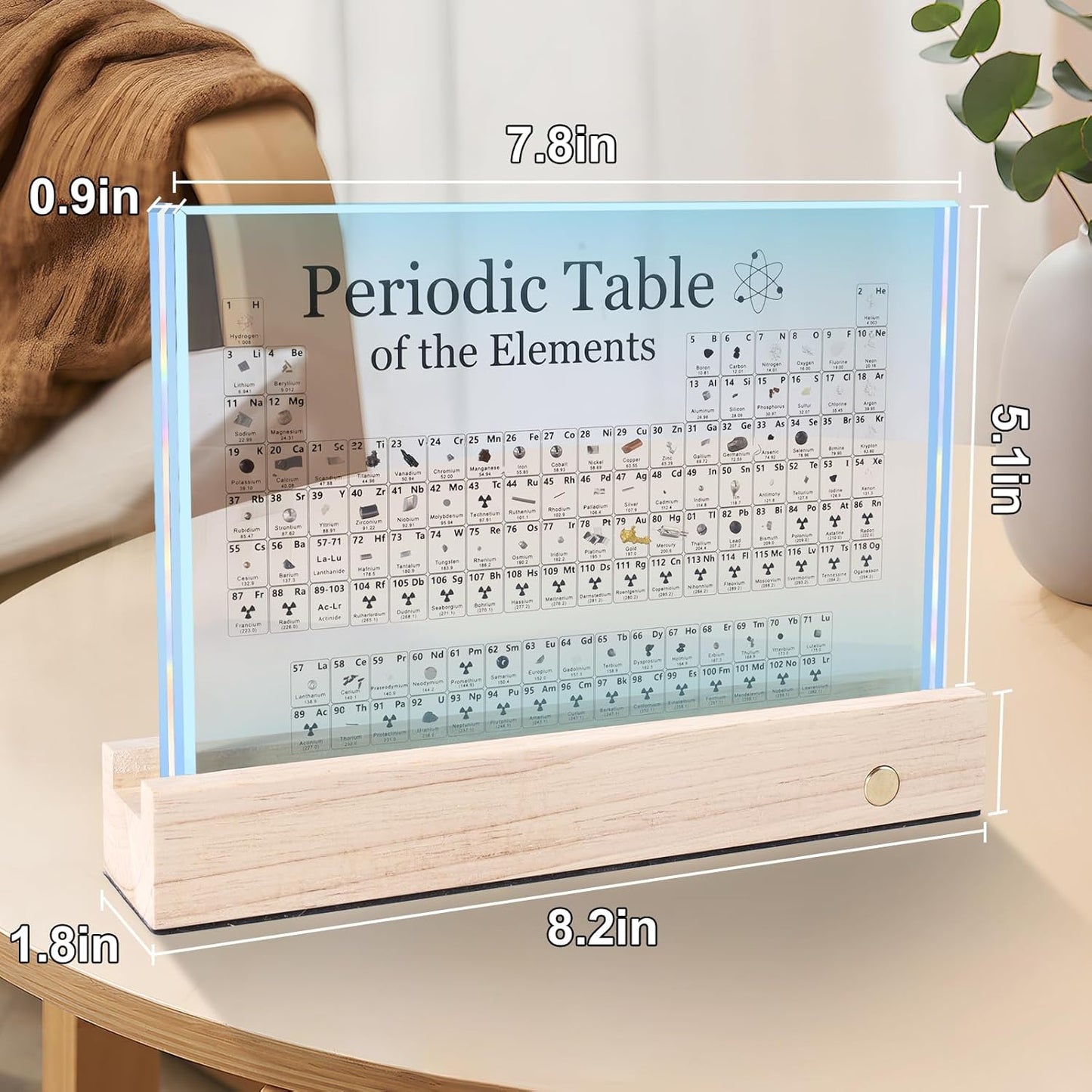 Rafecs Periodic Table with Real Elements Inside, Large Acrylic Periodic Table with Cordless LED Wooden Stand and Magnifier, Chemistry Gifts for Students, Kids, Teacher and Science Lovers