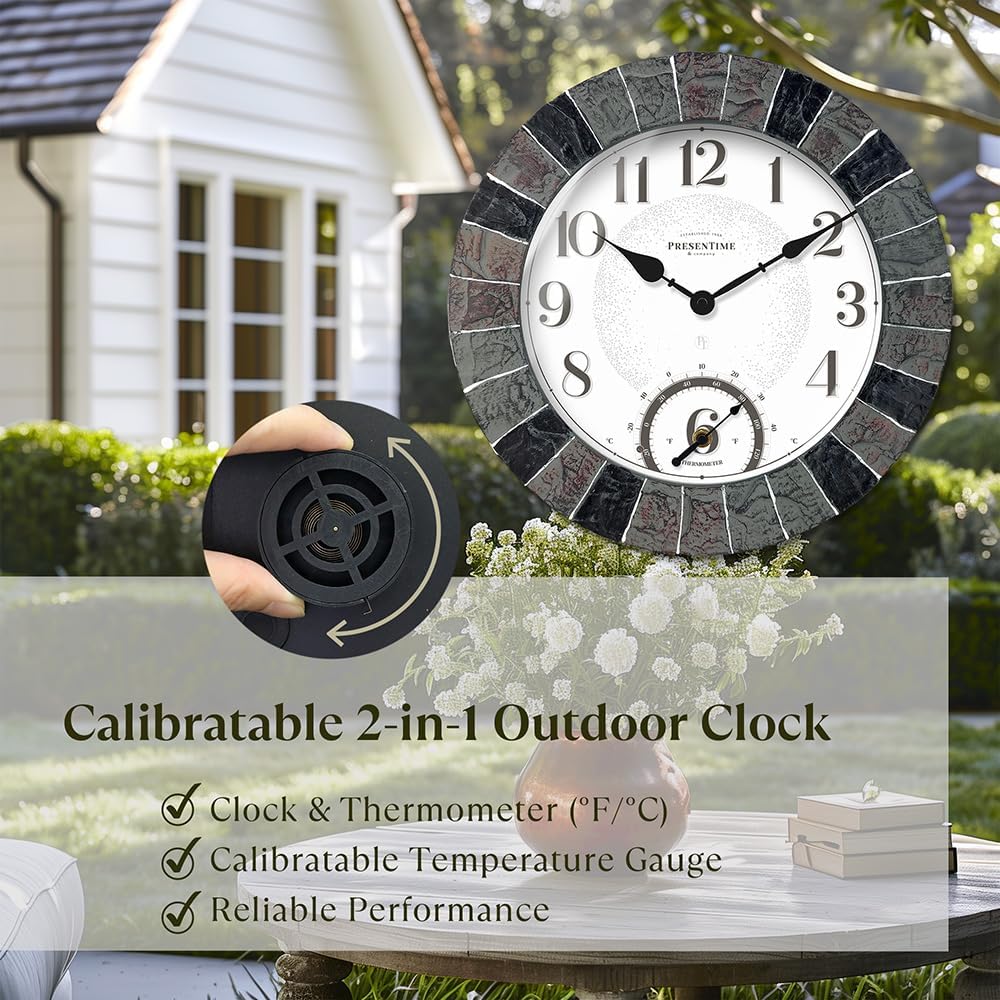 Presentime & Co 14" Illuminated in/Outdoor Clock with Smart Sensor and Night Light, Waterproof, Large Wall Clock with Thermometer, for Garden and Patio -Faux Slate.