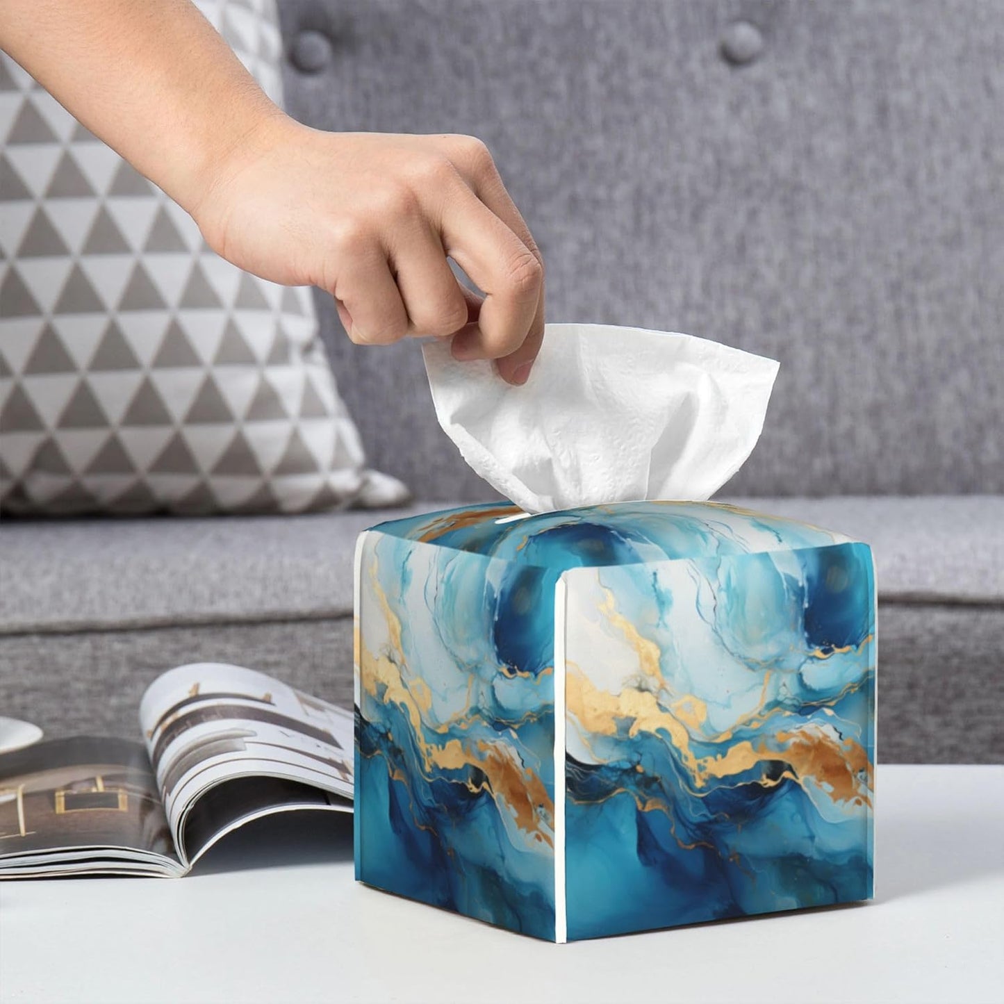 Blue Gold Marble Tissue Box Cover Square,Abstract Liquid Marble Texture Tissue Box Holder Waterproof Leather Facial Paper Organizer Dispenser for Bathroom Home Car Nightstand Vanity Desk