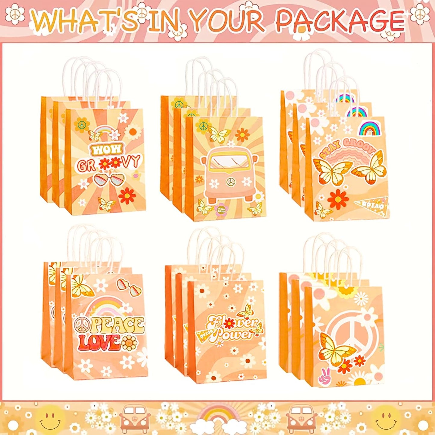 CZWXOXO 24 Pcs Groovy Party Favor Bags 6 Styles Groovy Retro Hippie Goodie Bags Stay Groovy Paper Gift Bags Daisy Flower Treat Bag with Handles for Girls 60's 70's Birthday Baby Shower Party Supplies
