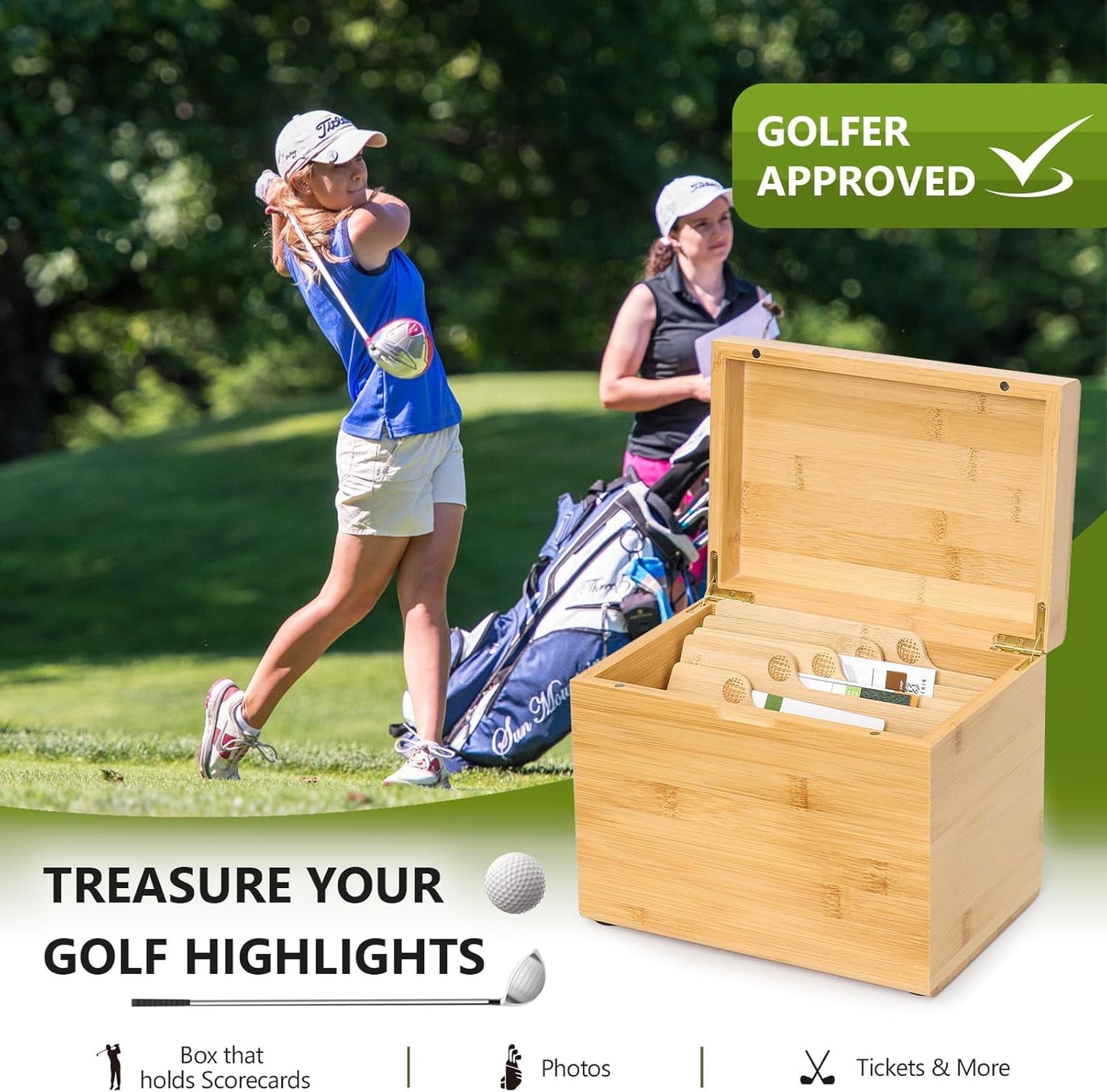 Golf Storage Box Golf Gifts - Golf Scorecard Collection Box with 5 Wooden Dividers - Golf Organizer for Scorecards, Photos, Keepsakes; Fathers Day Dad Gifts for Men from Wife (Yellow)