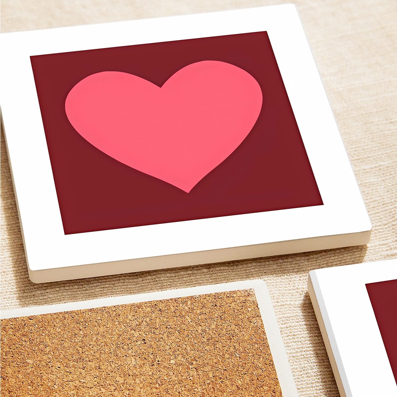 MAYCARI Love Hearts Printed Coasters Set of 6 Cork Backed Minimalist Aesthetic Coasters with Metal Holder Ceramic Surface Drink Cup Mats for Tabletop Protection Desk Decoration Valentine's Day Gifts