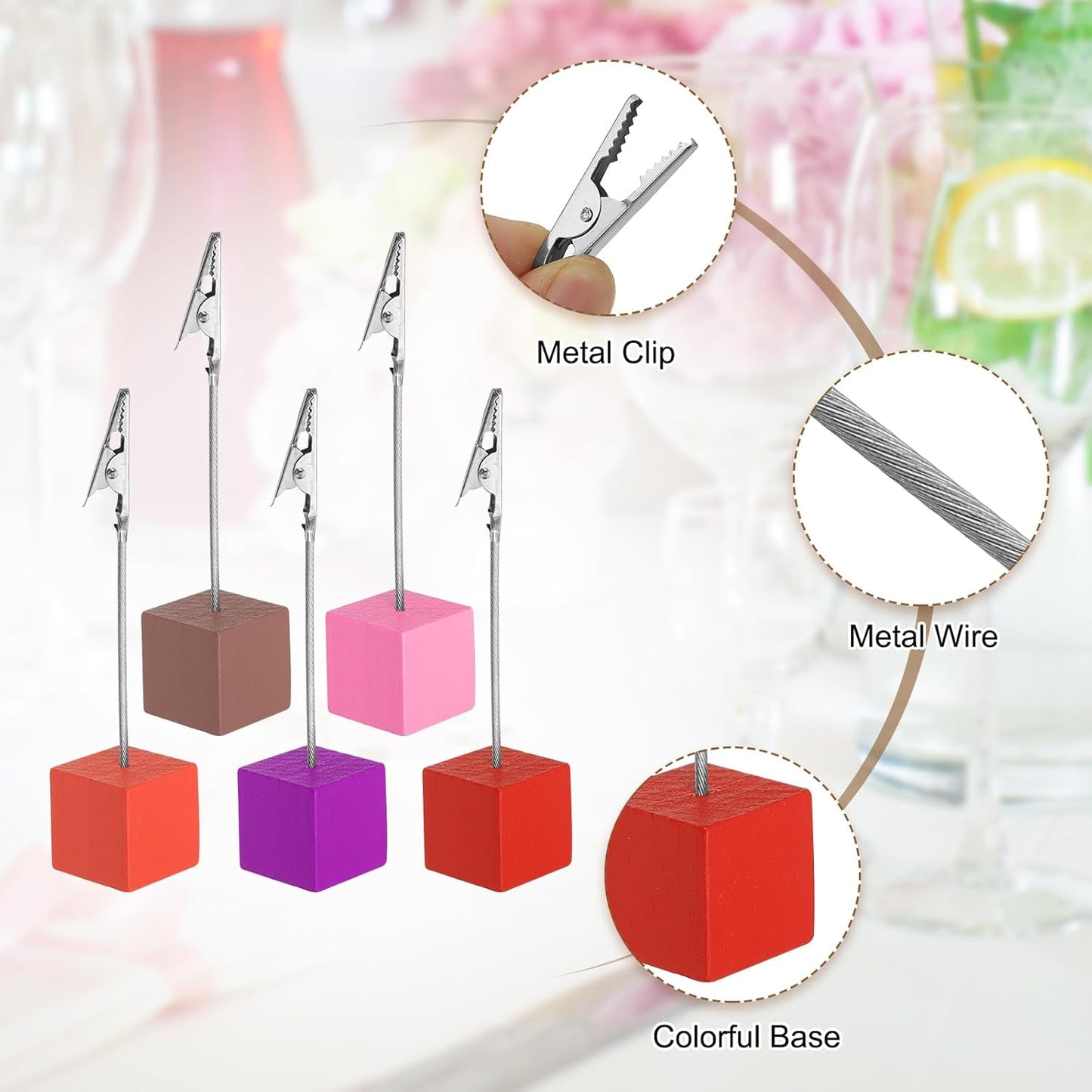 PATIKIL Place Card Holder, 20Pcs Memo Clip Holder Stand with Alligator Clasp Table Number Holders Wooden Base for Pictures Note Card Paper, Multicolored