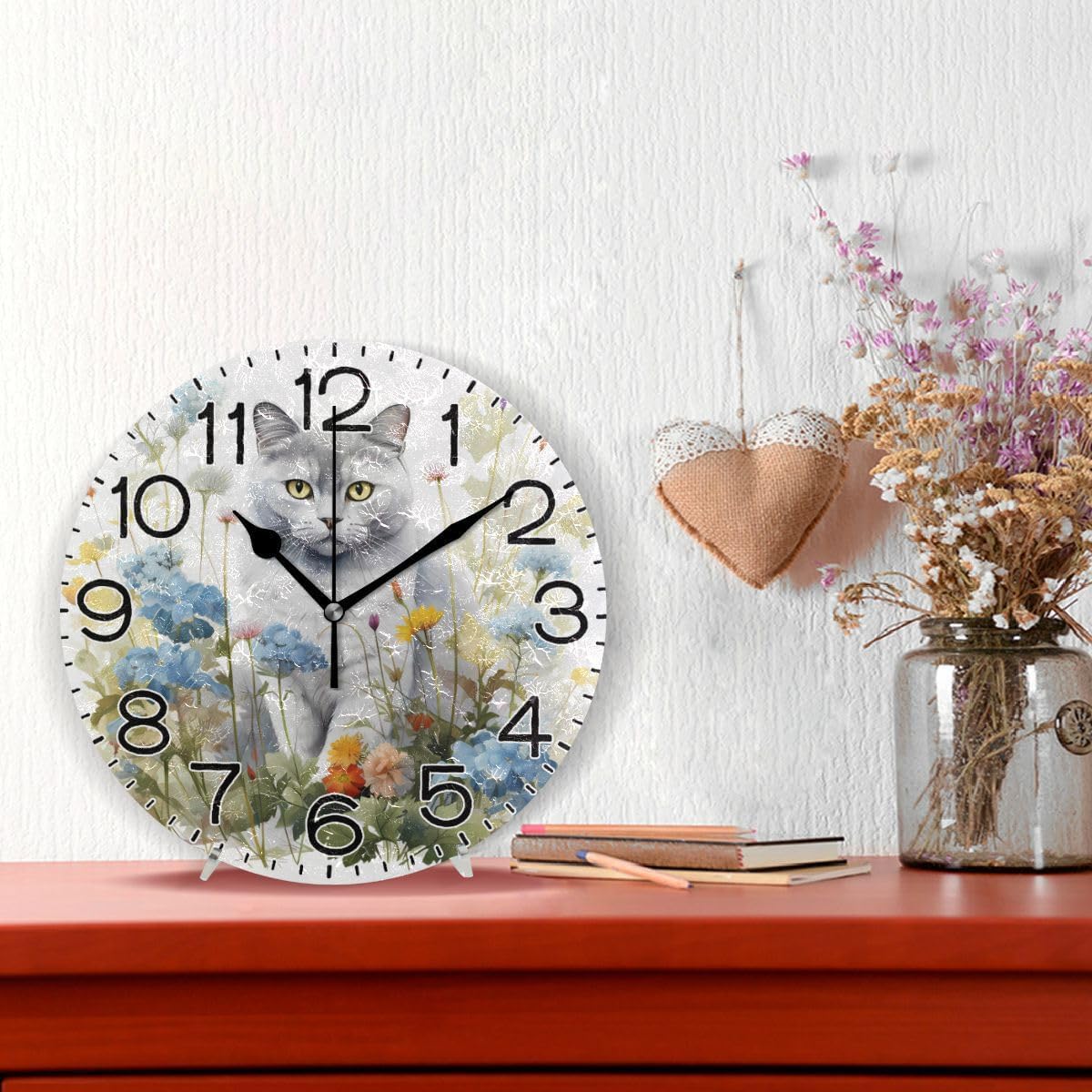 Cat with Spring Flowers Wall Clock Battery Operated Non Ticking Silent Quartz Analog Rustic Farmhouse Round Clock Retro Decor for Home Kitchen Living Room Bathroom