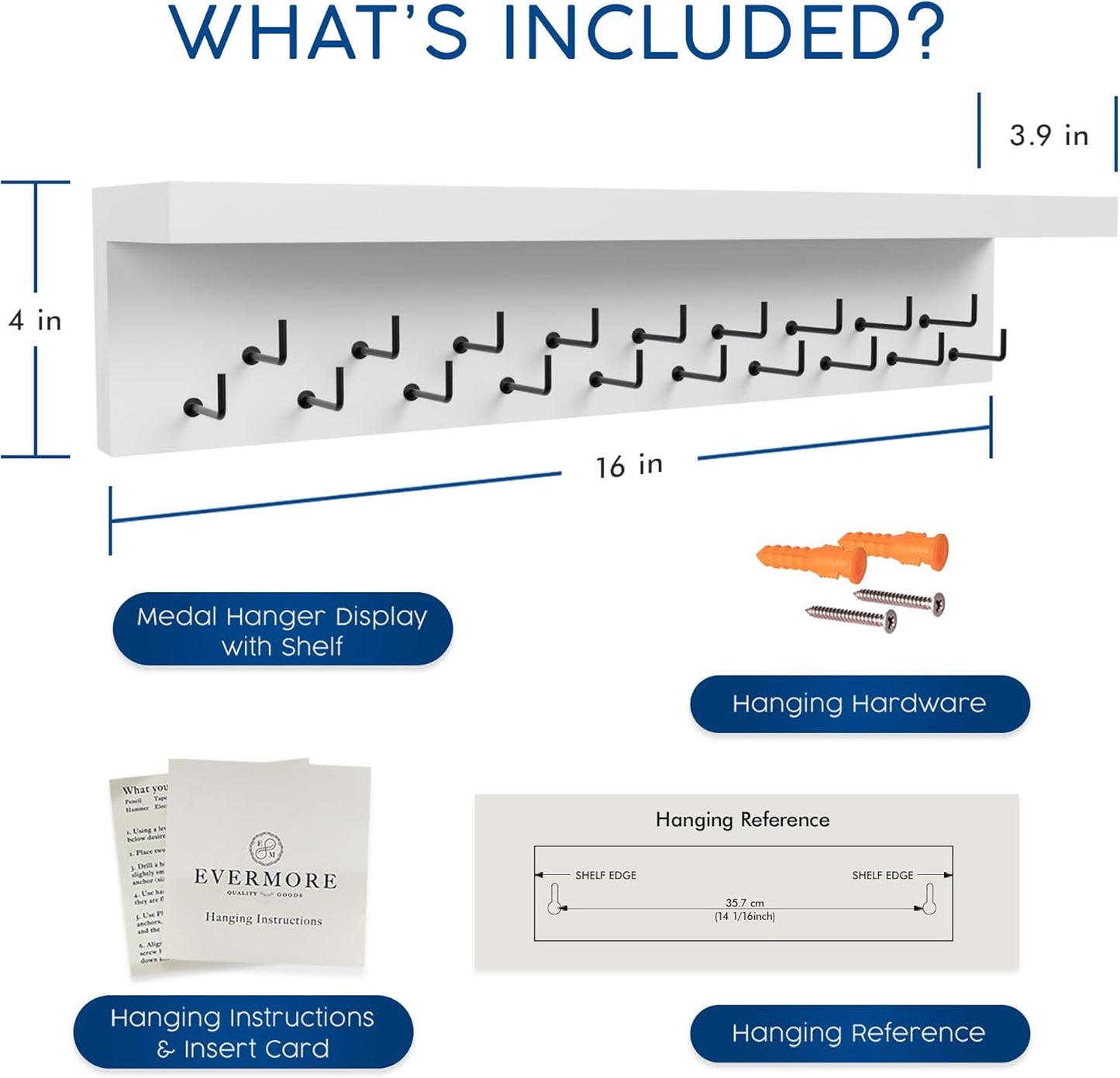 EVERMORE Medal Hanger Display and Trophy Shelf with Hooks - Wooden Medal Holder for Wall Mount Ribbon Display, Trophy Display Shelf for Gymnastics, Soccer, Running Race Medals Awards Rack