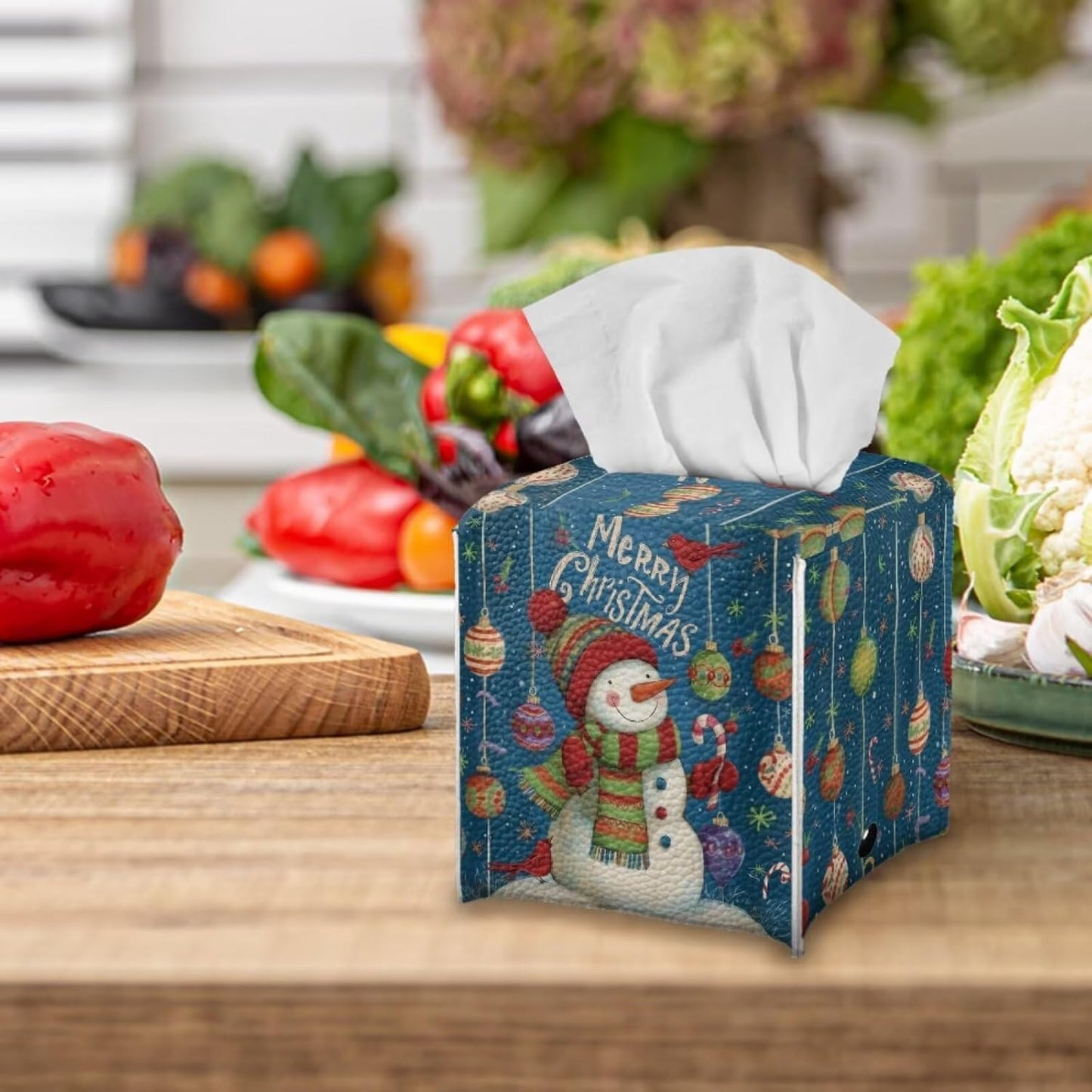 Christmas Snowman Tissue Box Cover Square 5X5X5 inch Tissue Box Cute Facial Paper Holder Organizer Holiday Home Office Bedroom Car Bathroom Decor