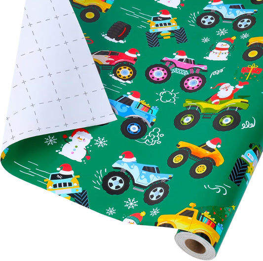 LaRibbons Monster Truck Christmas Wrapping Paper Mini Roll, Monster Truck, Santa and Christmas Trees Design, Fun Holiday Gift Wrap for Kids, Boys, Baby, 17" x 33'(46.7 sq. ft)