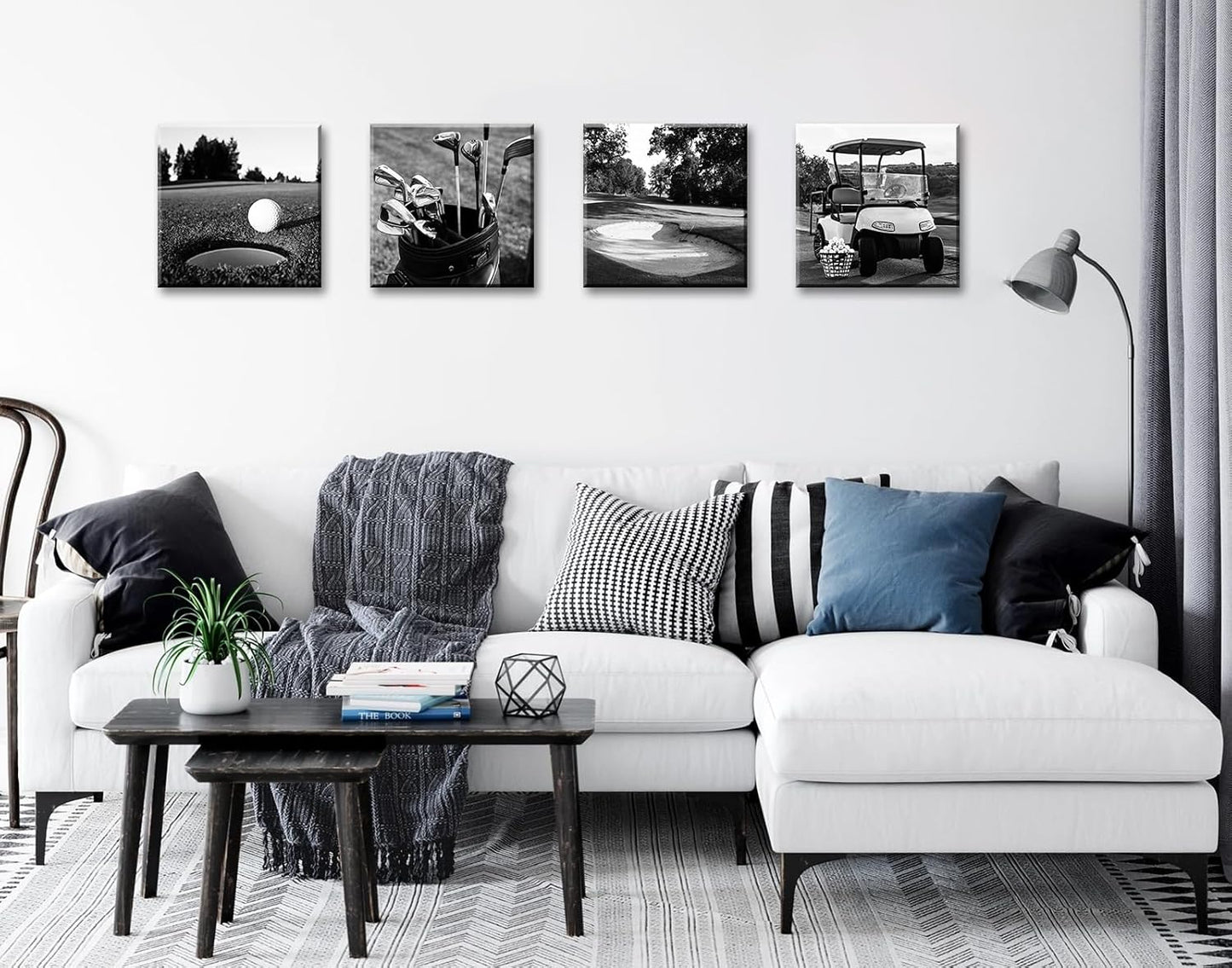 DJSYLIFE Golf Decor Golf Course Wall Art - Sport Poster Black and White Canvas Prints Picture for Modern Home Office Men Bedroom Decoration Stretched and Framed Ready to Hang 12"X12"X4