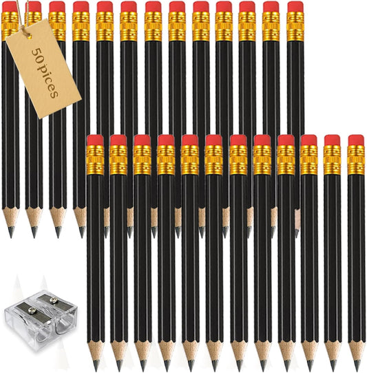 Adhere 50pcs Golf Pencils with Eraser Hexagon Wooden half Pencils Graphite 2B for Golf Event Scoring, Classroom, Wedding, Pew, Pocket | Free Pencil Sharpener (z-Black・Hexagon・50pcs)