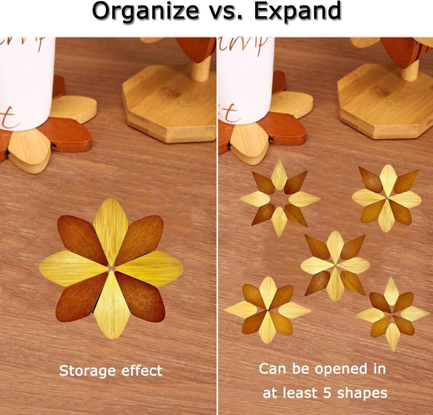 5 Wooden Trivets for Hot Dishes,Pinwheels Shape Trivet Set,+1 Stand,Trivets for Hot Dishes,Natural Foldable Kitchen Wooden Trivet,for Hot Dishes,Pot,Bowl,Teapot,Valentine Decorations