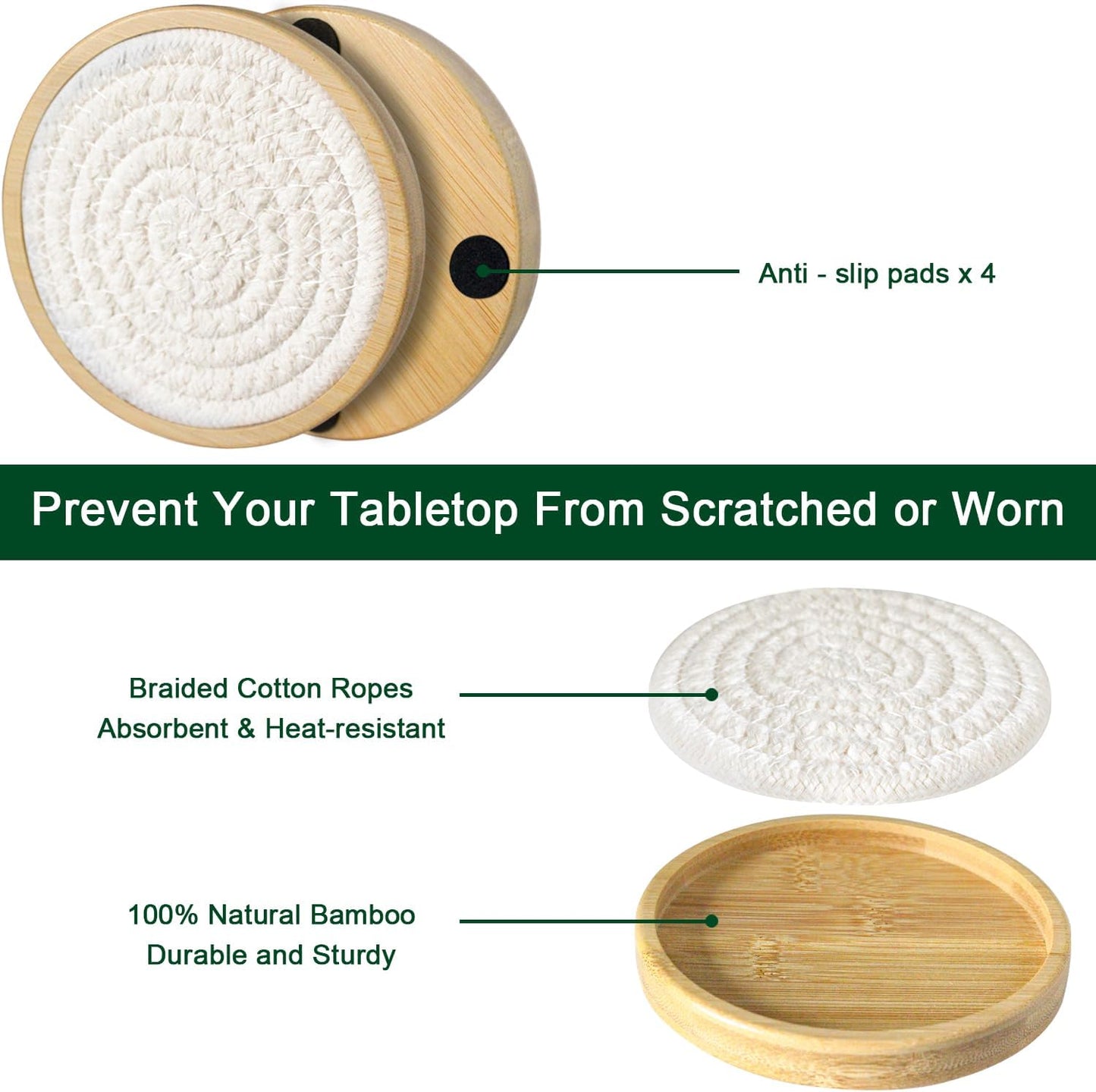 Bamboo Coasters for Drinks, Absorbent Coaster Sets of 5, Woven Drink Coasters for Coffee Table, Housewarming Gift for Farmhouse Home Decor,4 inches (White Series)