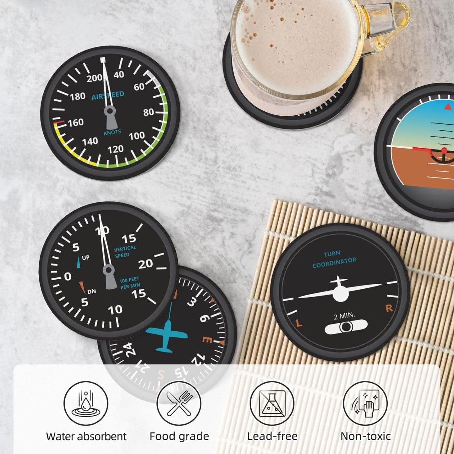 Aviation Absorbent Drink Coasters with Holder, Set of 6 Ceramic Coasters with Cork Base Pilot Gifts for Aviation Lovers