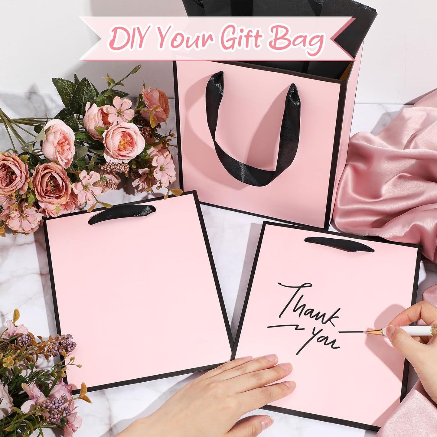 Yeaqee 24 Pack Metallic Paper Gift Bags with Handle and Tissue 9x7x3.1 Gold Foil Welcome Favor Bags Return Gifts for Wedding Fall 5 Senses Christmas Bridesmaid Birthday(Light Pink and Black)