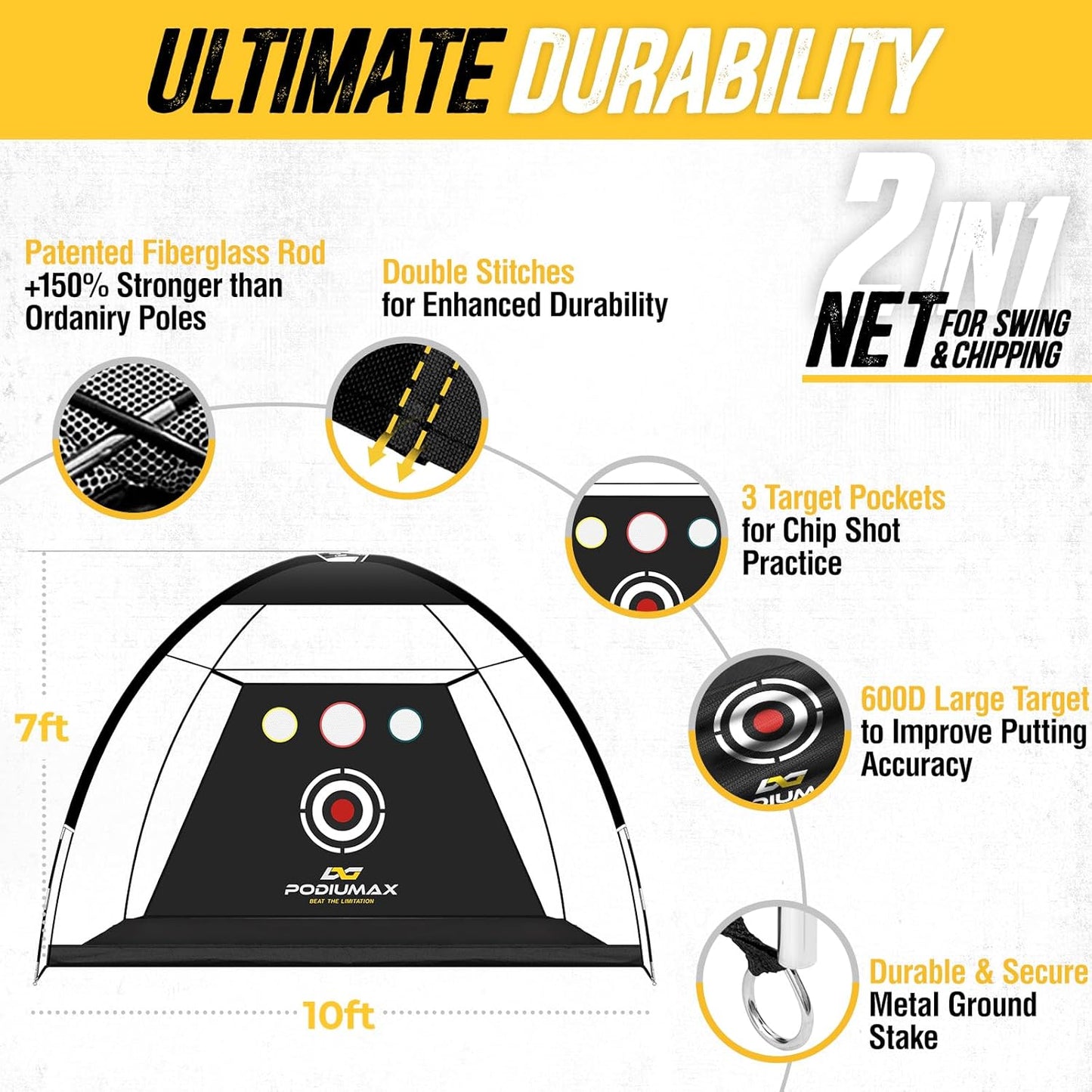 PodiuMax Golf Net, 10x7ft Golf Practice Net and Mat, Noise Reduce Target, 5 Balls, 4 Sandbags, Tee, Carry Bag, Hitting Nets for Backyard Garage, Indoor Driving Chiping, Gift for Men & Golfers