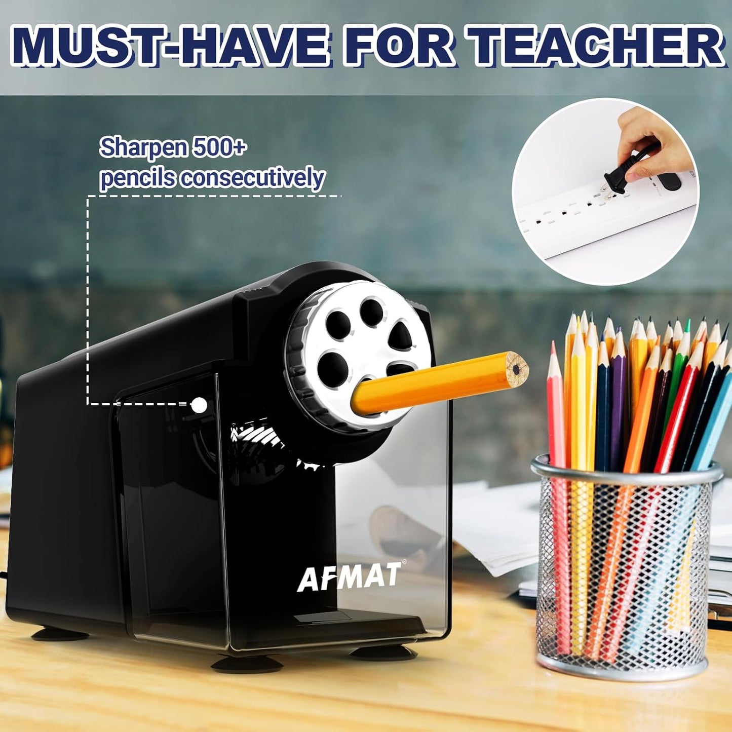 AFMAT PSX4 Electric Pencil Sharpener Heavy Duty, 6-Hole Classroom Pencil Sharpener for 6-11mm Pencils, Auto Stop Pencil Sharpeners Plug in, 10,000+ Sharpenings, Save Colored Pencils, Black