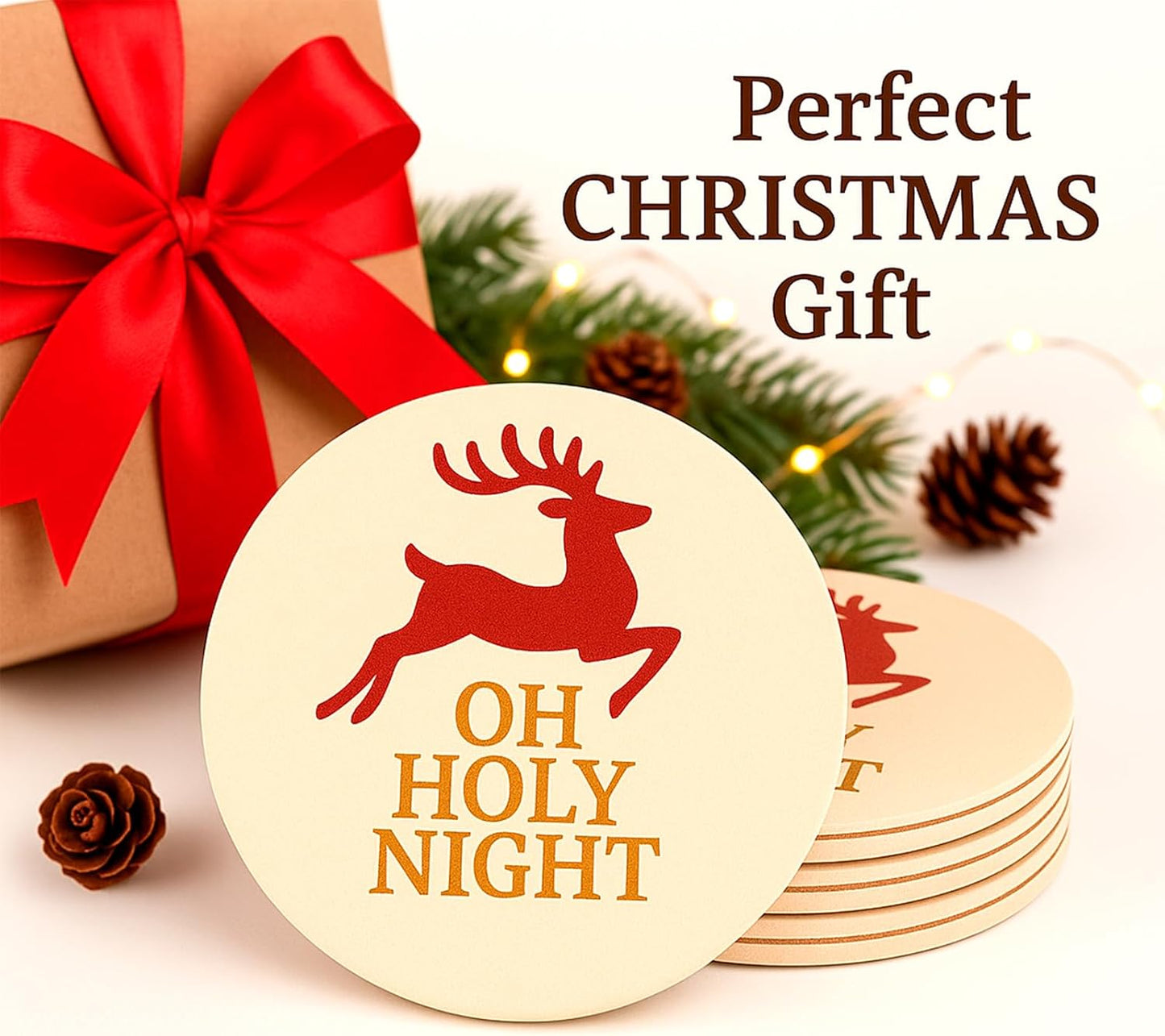 Christmas Ceramic Coasters Set of 4,“Oh Holy Night” Reindeer Absorbent Stone Drink Coasters with Non-Slip Cork Backing for Coffee Table, Holiday Party, Winter Home & Kitchen Decor