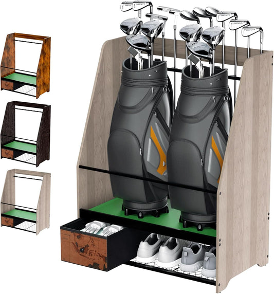 Golf Bag Organizer Rack – Large Wooden Golf Storage for 2 Bags, Clubs & Accessories with Dustproof Drawer, Sports Equipment Rack for Garage, Practice Room, Home or Office (Black)