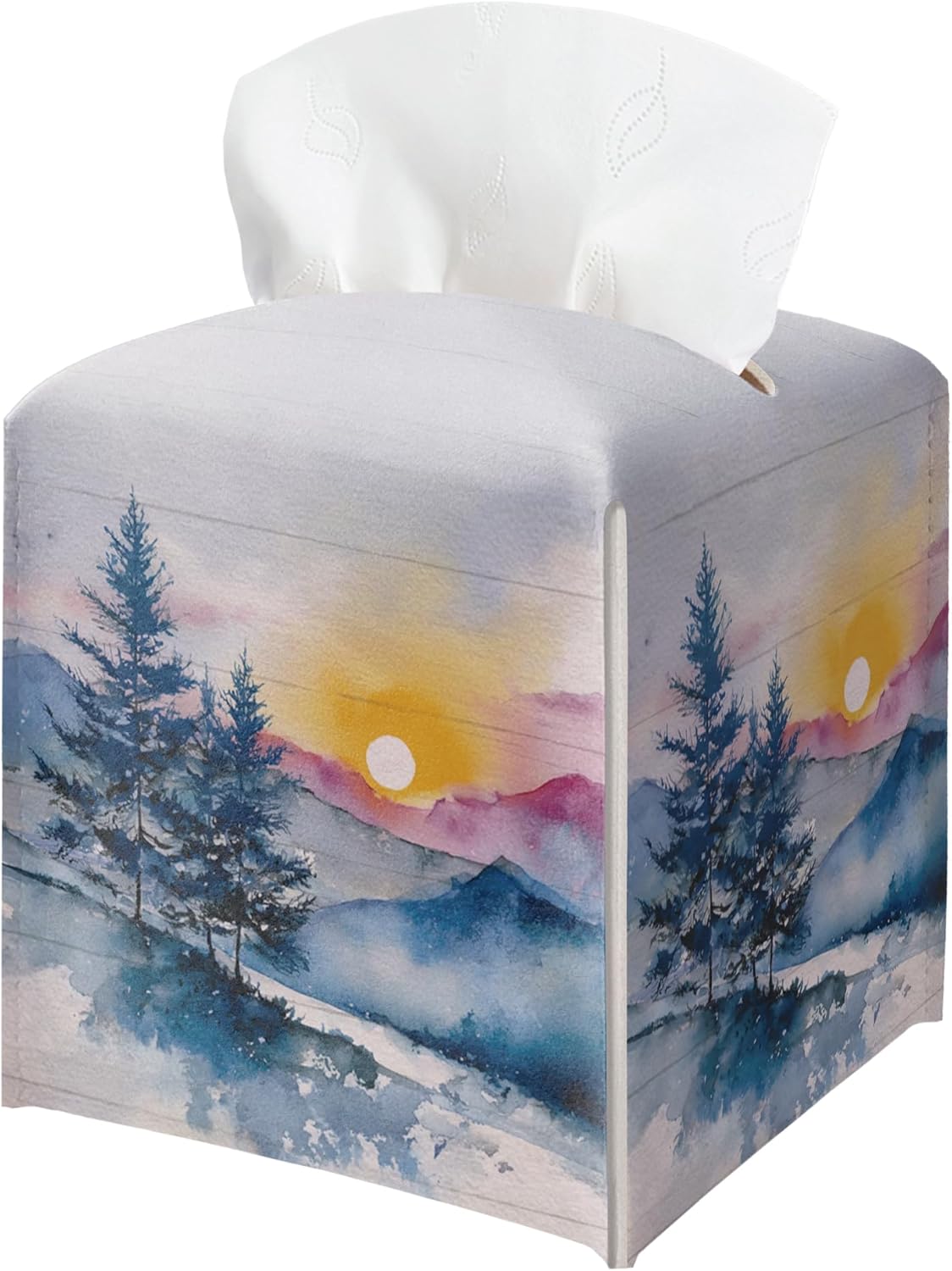 Winter Pine Tree Tissue Box Holder, Winter Forest Landscape Leather Tissue Box Cover Square, Paper Facial Decorative Tissues Cover for Night Stands Bathroom Kitchen Office Home Decor-B22