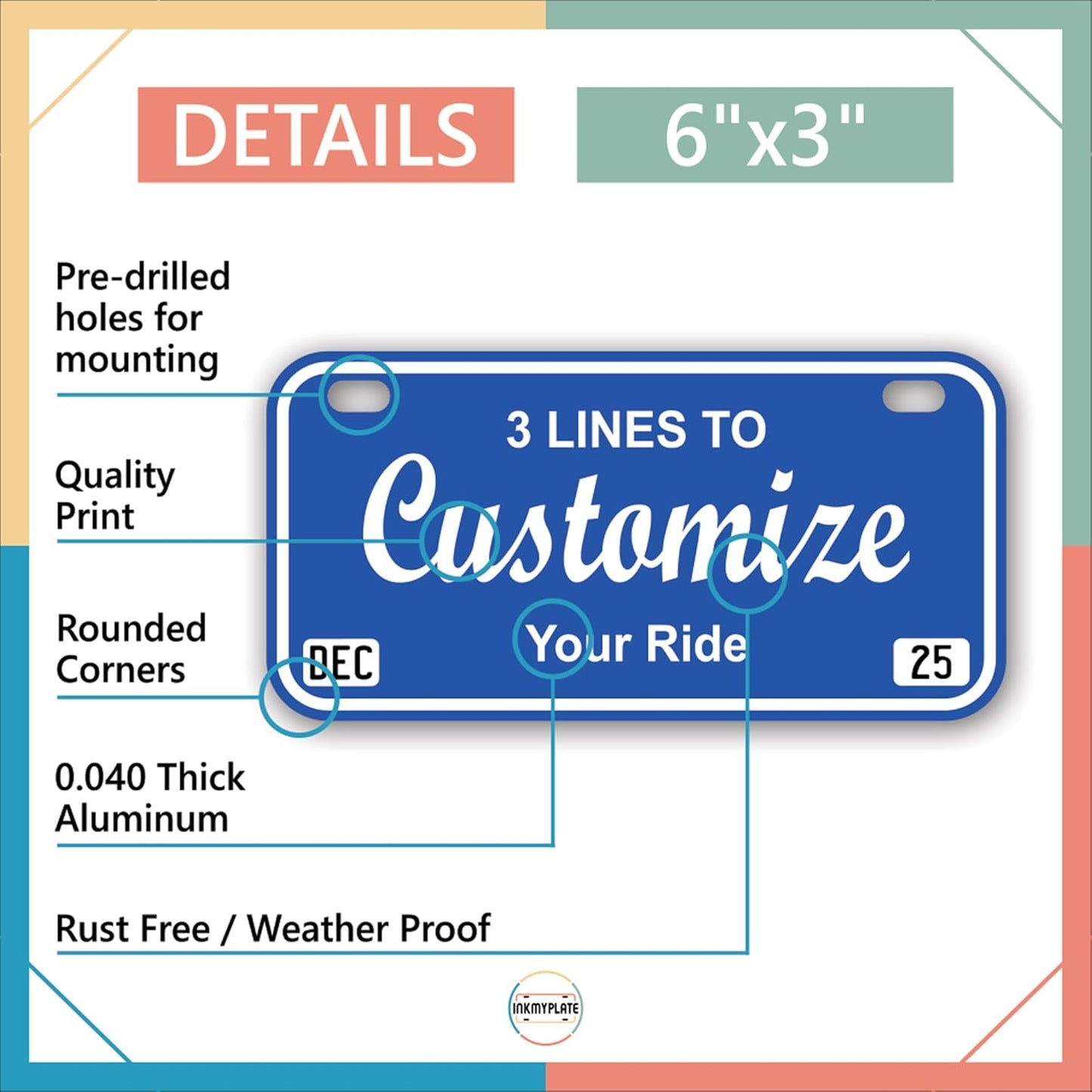 Personalized Mini Plate – 6x3 Custom Tag – Thick .040 Aluminum – Add Name, Text & Corners – Bike, Kids ride-on vehicle, Golf Cart, Kids bicycle Decor – 20+ Colors – Fun Novelty Sign
