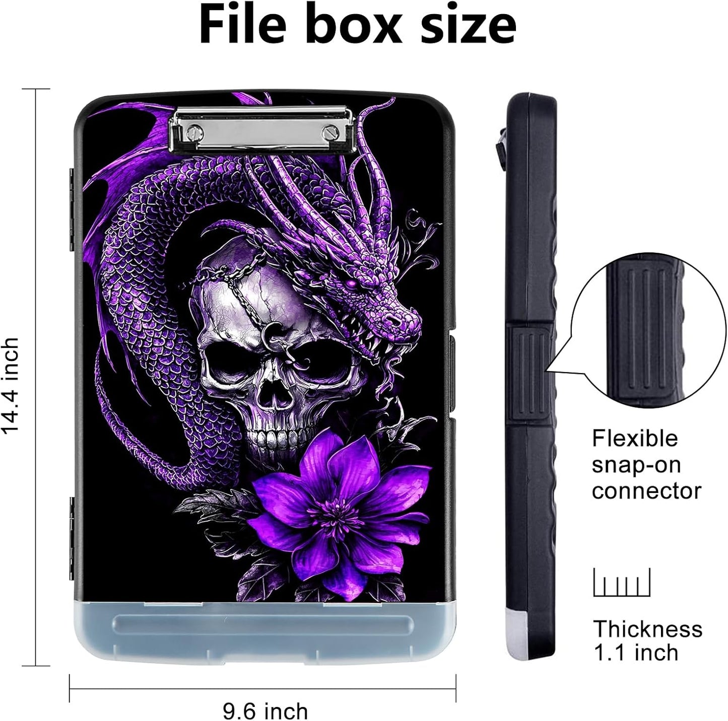 Clipboard with Storage - Large Capacity,Nursing Clipboard with Pen Holder,Heavy Duty,Plastic Side-Opening Folder for Teacher,Nurse - Purple Dragon Skull