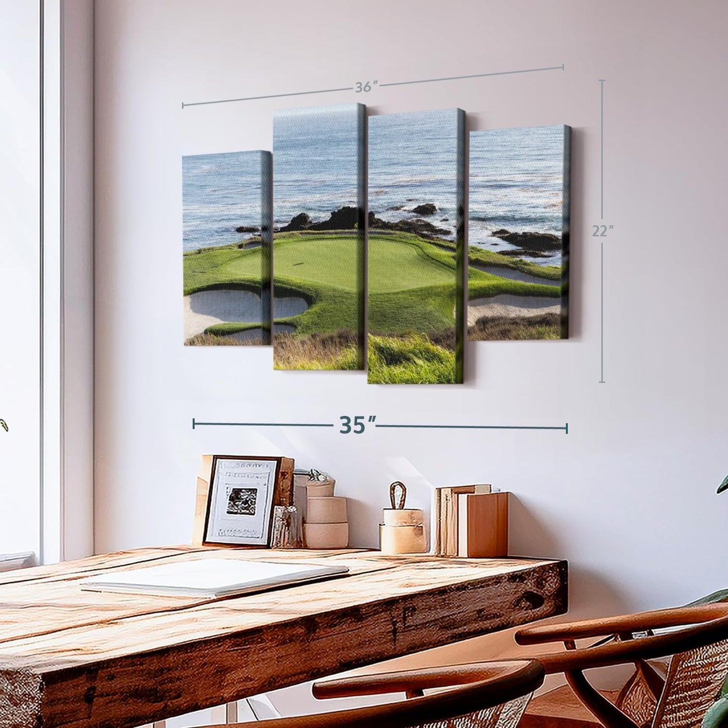 Elephant Stock Pebble Beach Golf Turf Wall Art - Horizontal Canvas - 4-Piece Hallway Wall Decor - Photographic Canvas Print - Brown and Blue Decor for Wall - 36" X 22"