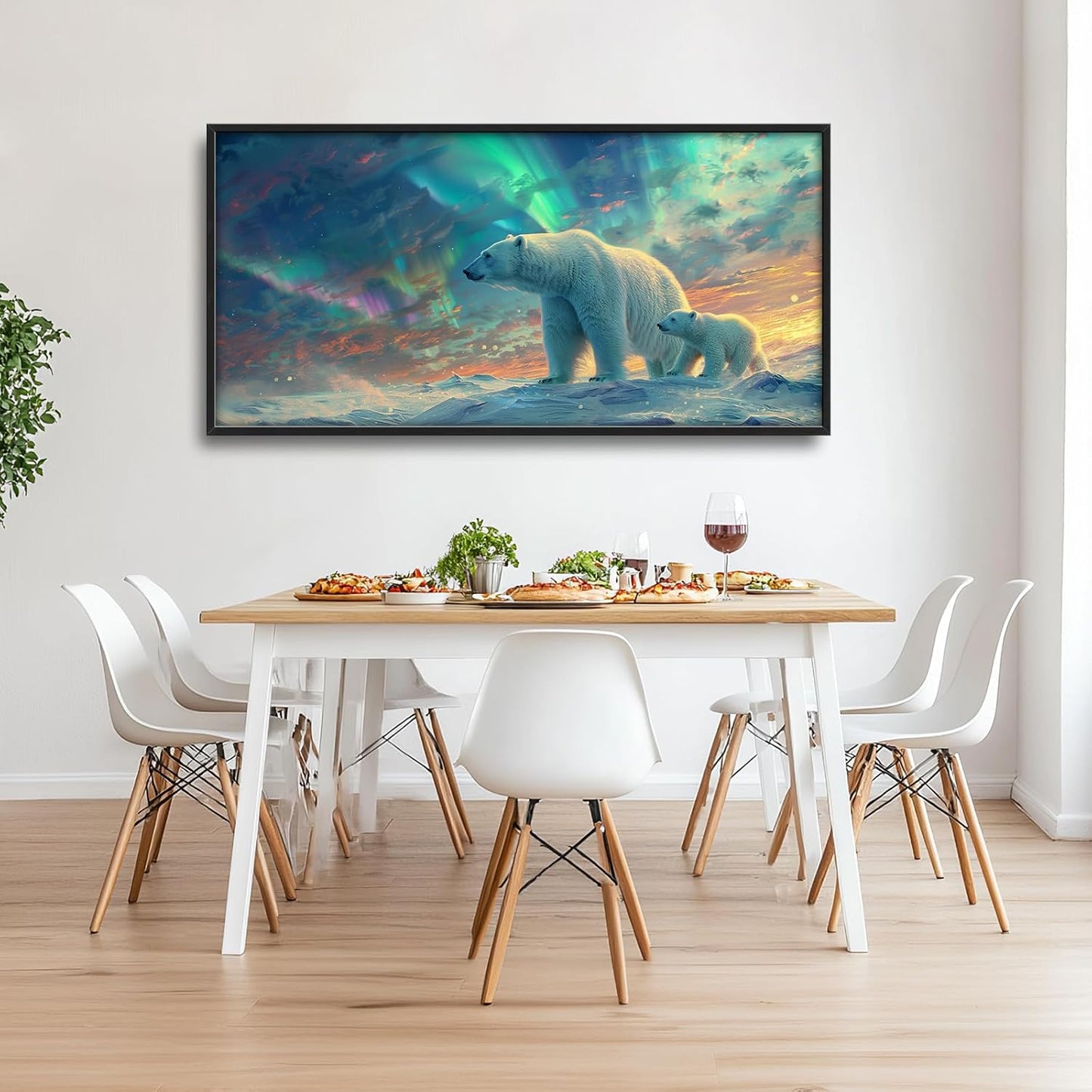 Large Polar Bear Framed Wall Art for Living Room White Polar Bear Pictures Wall Decor Aurora Canvas Print Painting Artwork Modern Home Decorations for Bedroom Office 60x30 inch