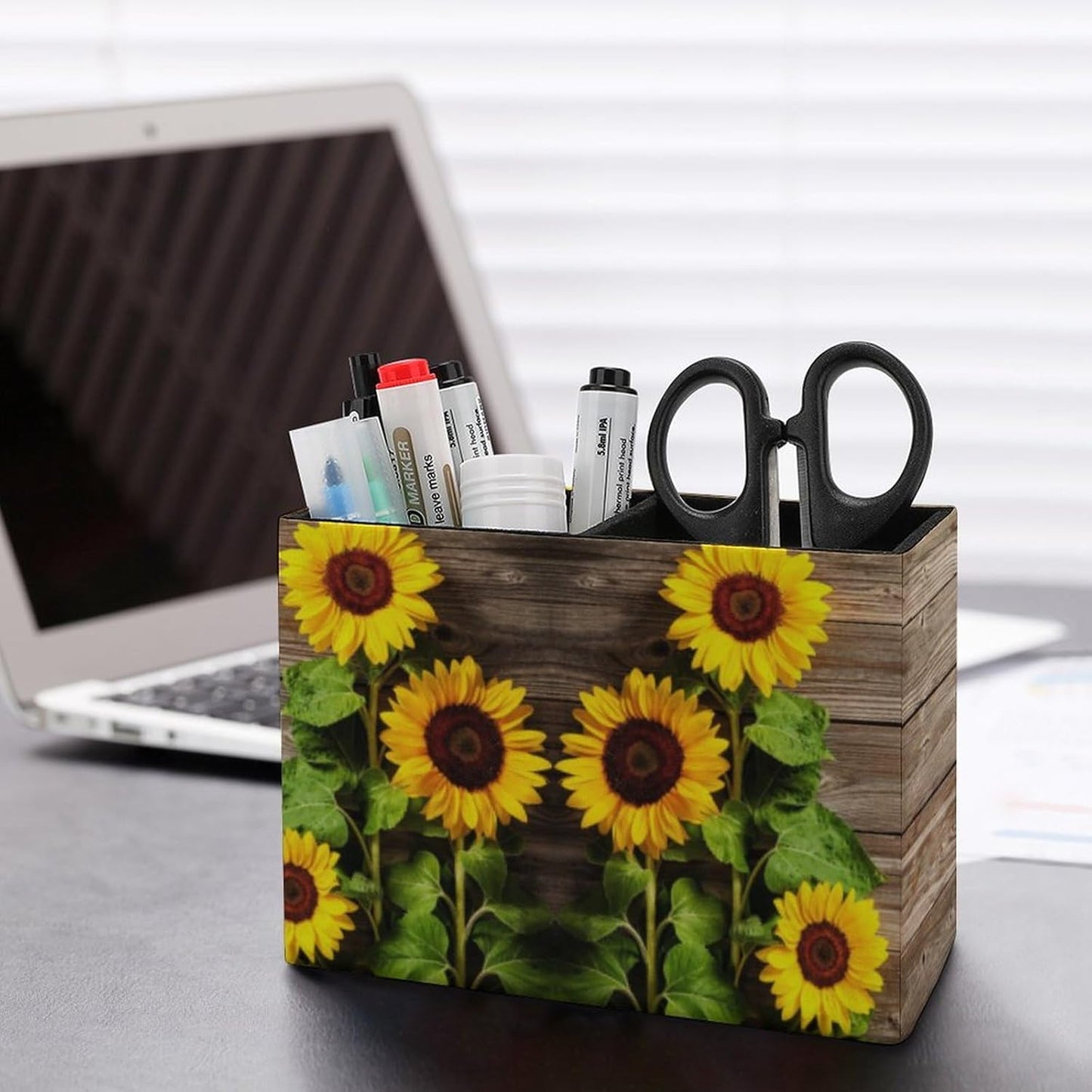 Pen Holder, Pencil Holder for Desk Organizer, Summer Wooden Sunflower PU Leather Pencil Cups Desktop Stationery Storage Makeup Brush Holder Pen Organizer for Office Home