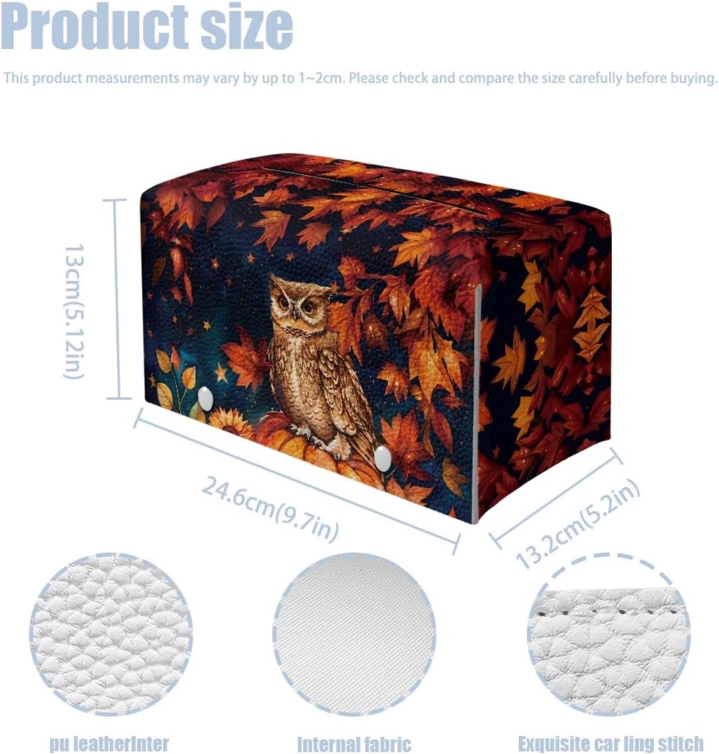 Thanksgiving Tissue Box Cover Fall Leaf & Owl Tissue Cover PU Leather Facial Paper Organizer with Bottom Belt Napkin Holder Holiday Decor for Home, Tabletop, Night Stands