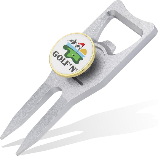 Golf'N Aluminum Golf Ball Marker Divot Repair Tool - Magnetic Ball Marker, Groove Cleaner & Bottle Opener - Essential Golf Divot Tool for Golfers, Sleek Design