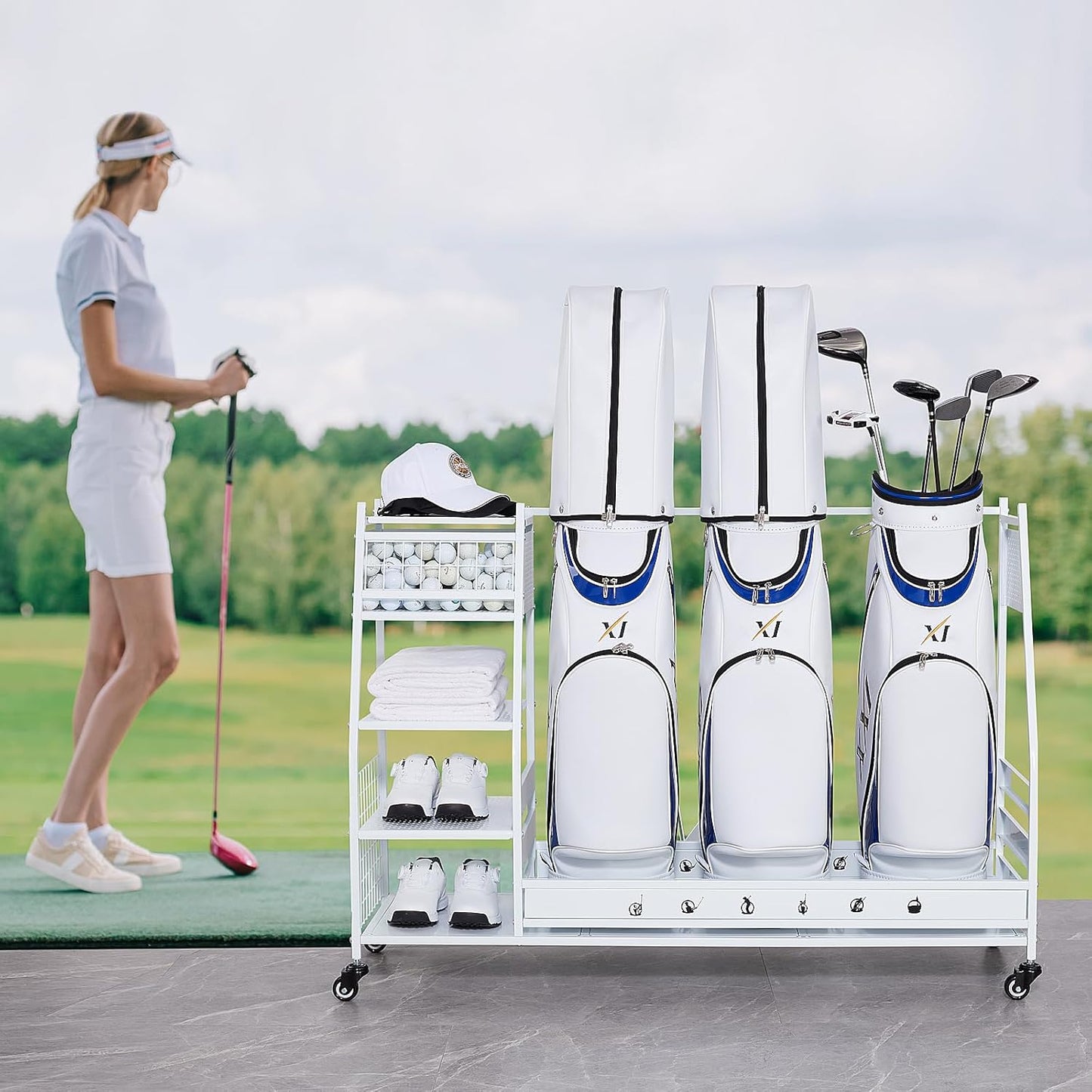 Lauren&Harold Golf Bag Organizer Garage Storage, Golf Storage Rack Stand Fits 2 Golf Bags, Golf Clubs and Other Golfing Equipment Accessories, Golf Organizer for Garage, Club, Shed, Basement