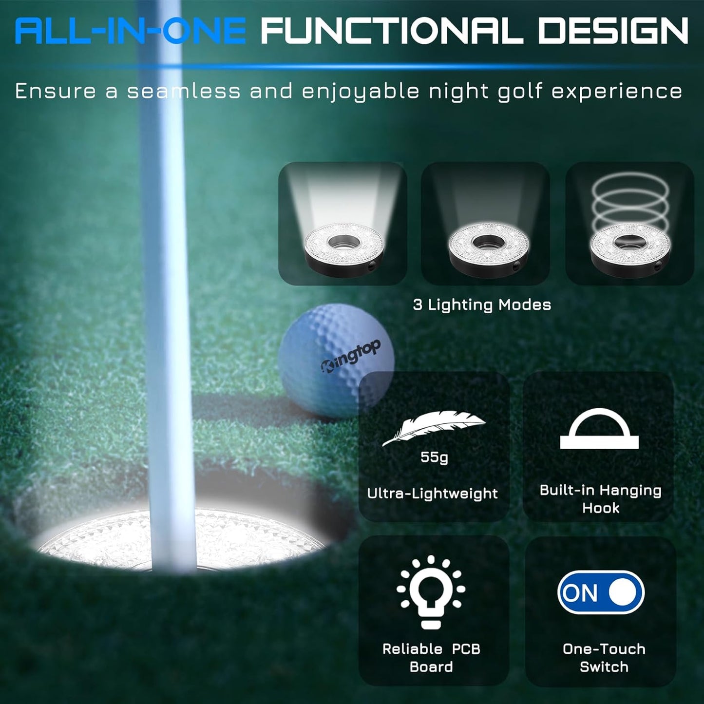 KINGTOP LED Golf Hole Light with Anti-Glare Lens - Battery Operated, Glow in The Dark Putting Cup Lights, Ideal for Night Golf, Backyard Practice Putting Green & Golf Parties