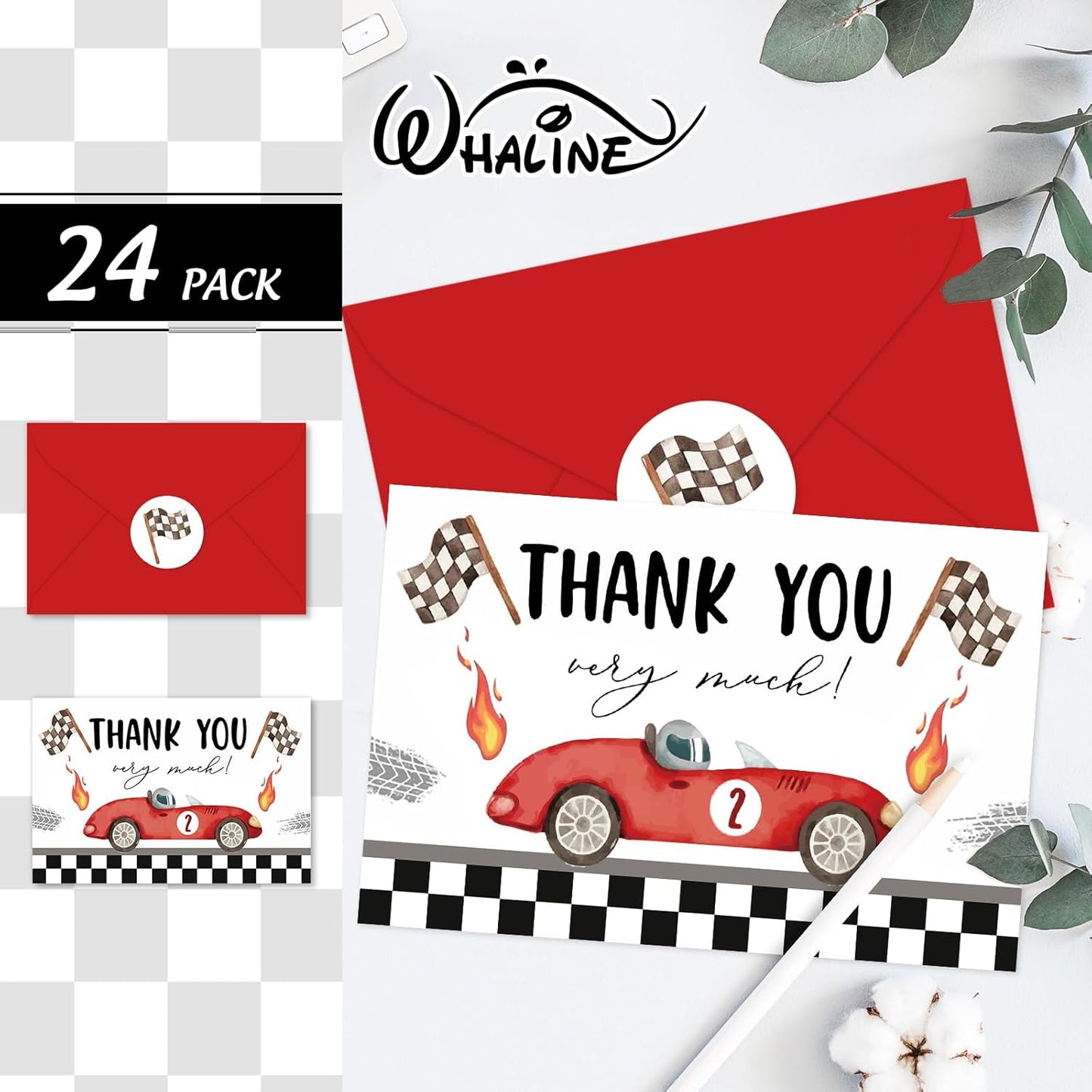 Whaline 24 Pack Race Car Thank You Cards Red Racing Theme Note Card with Envelopes Stickers Black White Plaid Greeting Blank Card for Birthday Baby Shower