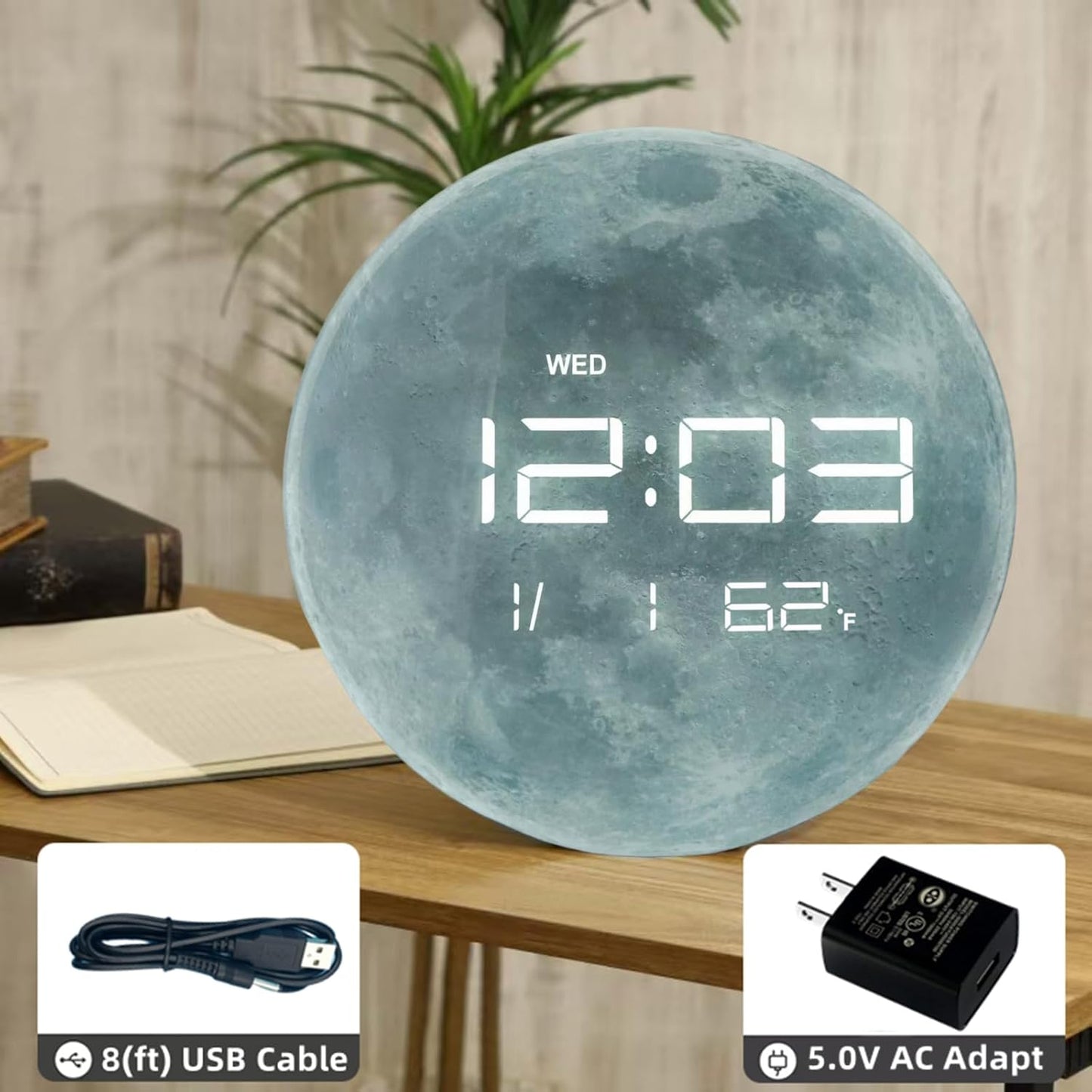 13" Digital Wall Clock with LED Display, Calendar & Temperature, Automatic Dimming, 12/24hr Format, Wall & Desk Use - HUI-7860