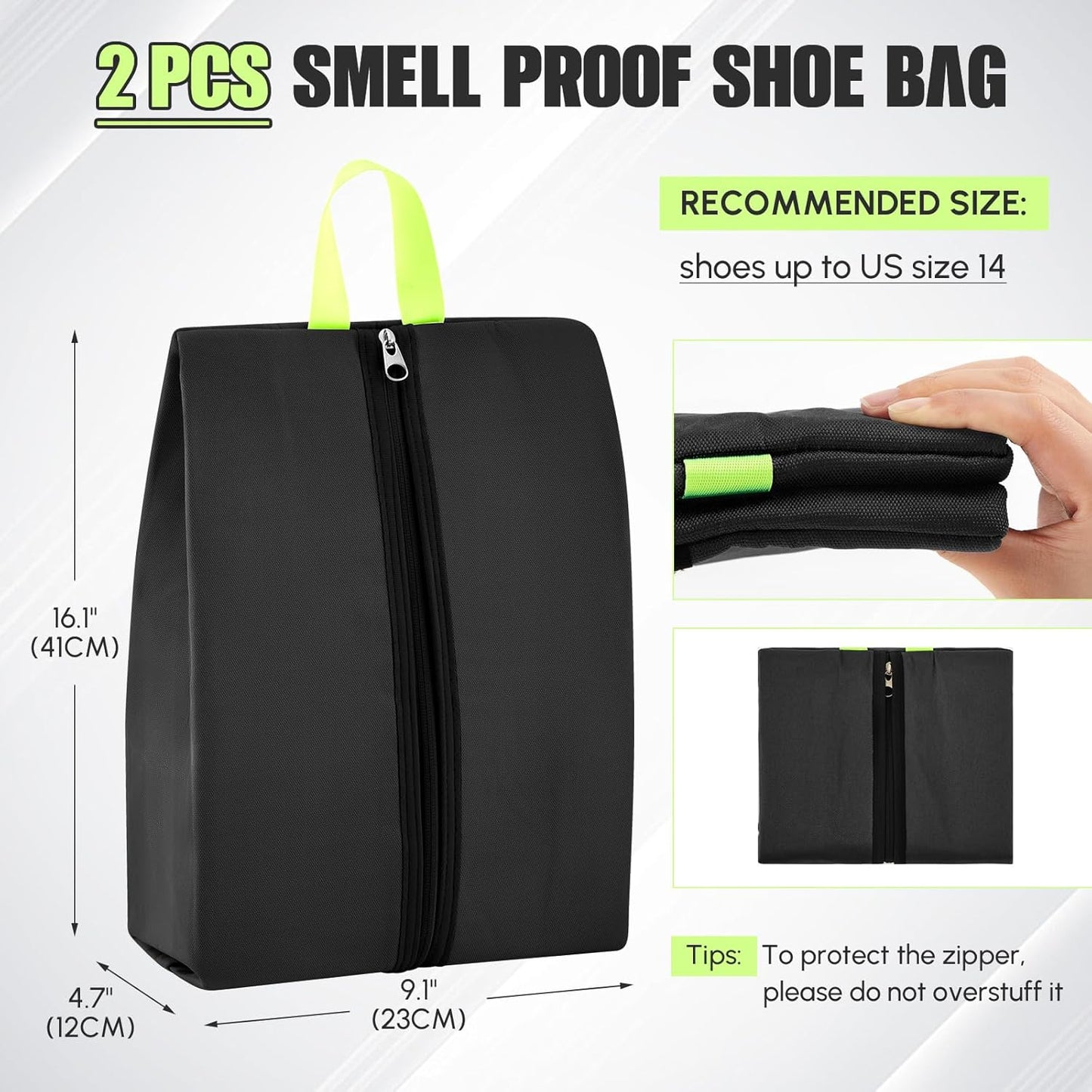 2 Pack Smell Proof Shoe Cleat Bag for Travel Water-Resistant Odor Absorbing Lightweight Golf Soccer Shoe Storage Organizer Pouch with Zipper for Gym Sports Travel Work (Black)