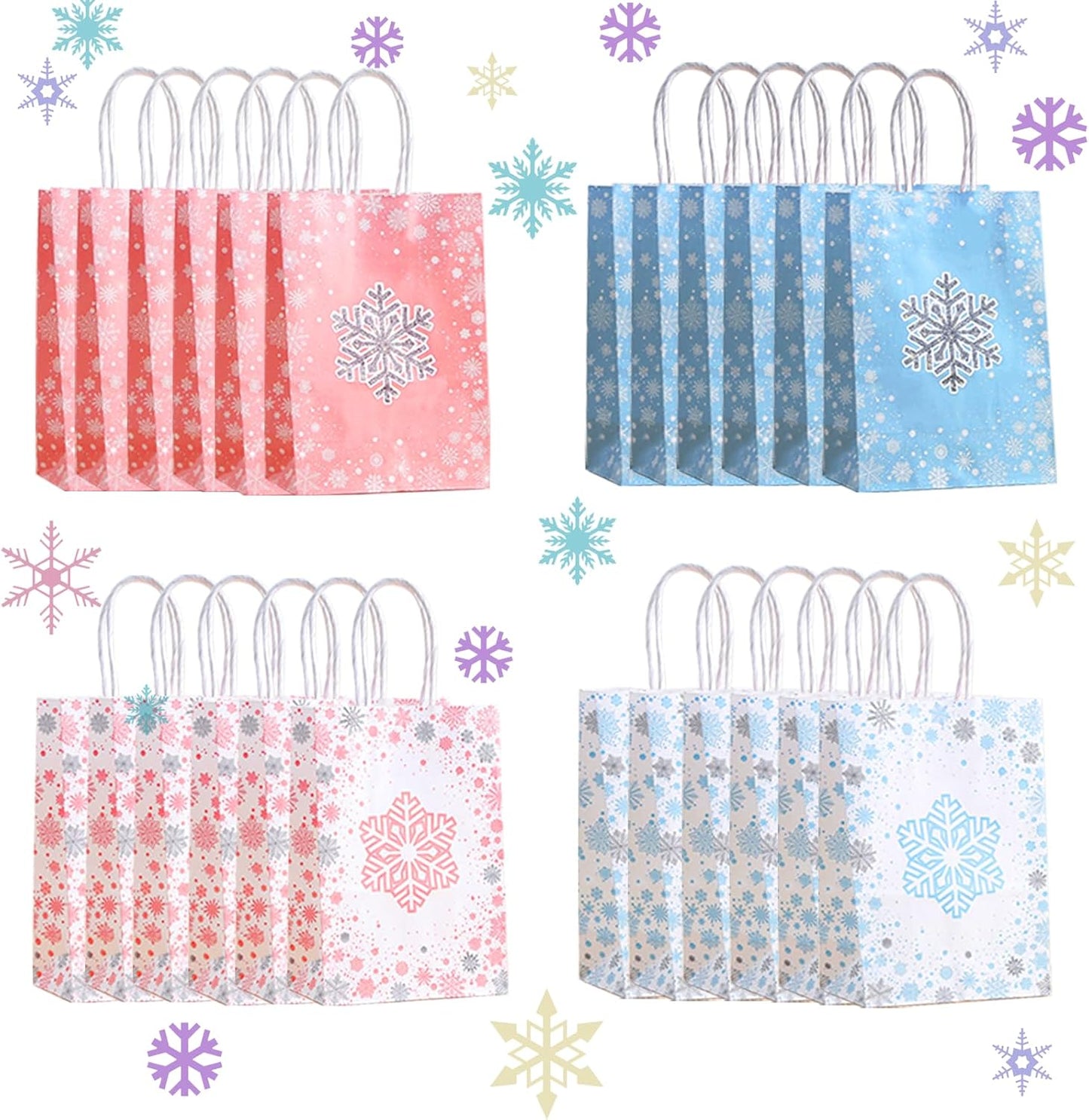 CZWXOXO 24 Pieces Snowflake Party Favors Bags Bulk with Handles Winter Frozen Reusable Paper Gift Bags Winter Treat Goodie Candy Bags for Snowflake Christmas Birthday Holiday Party Supplies