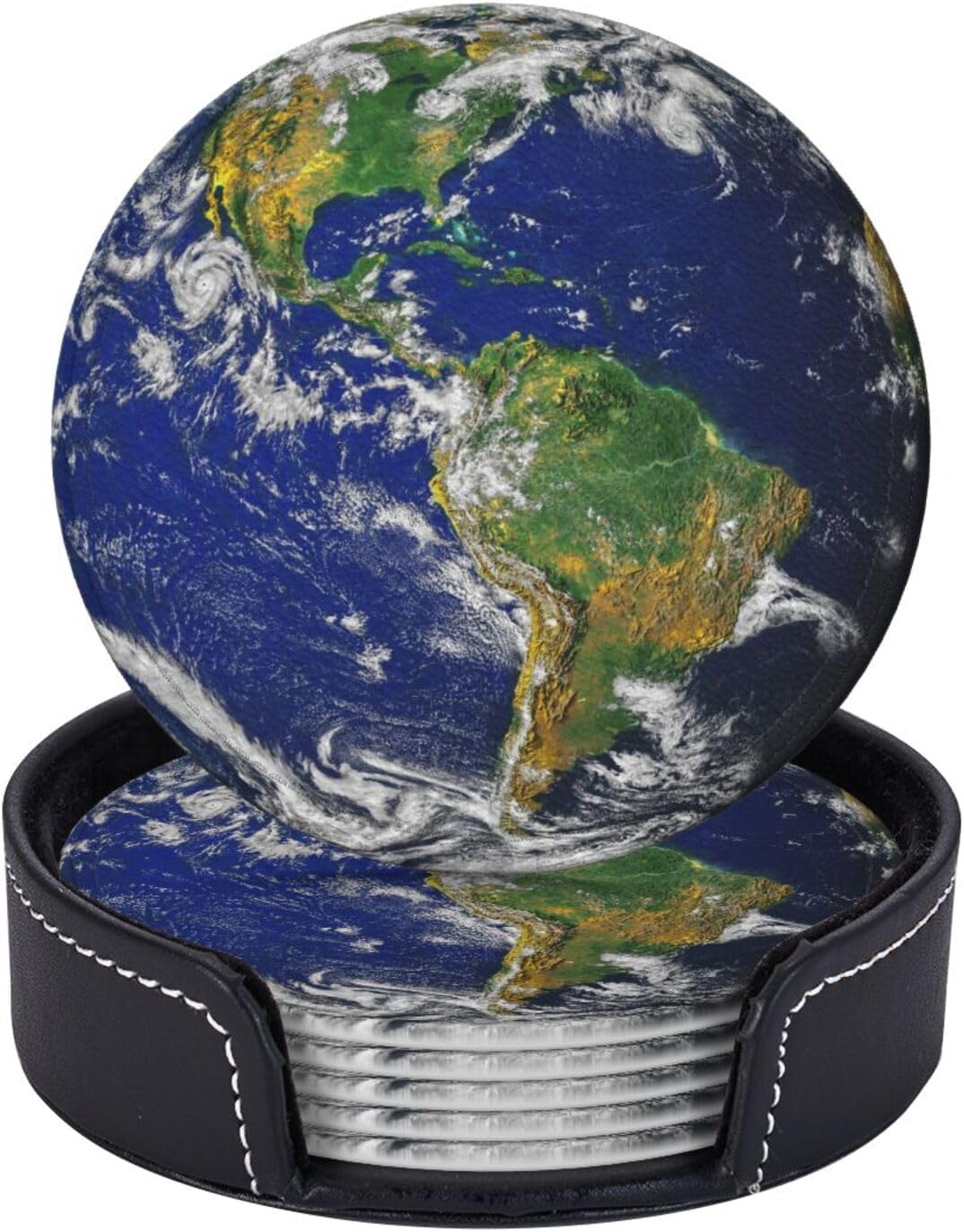 Planet Earth North and South America Map Coasters for Drinks Round Leather Coaster with Holder Set of 6 for Tabletop Protection Desk Accessories Office Home Room Decor