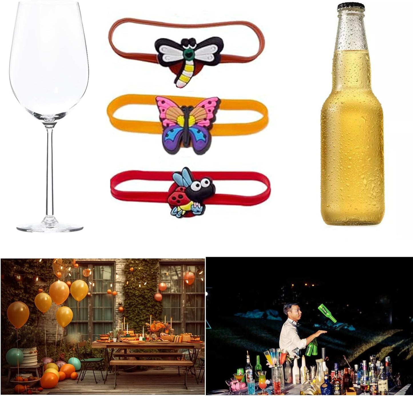 Ackron 18Pcs Wine Glass Markers, Silicone Drink Markers Funny For Wines Glasses, Glass Cup Wine Glas Bottle Strip Tag Marker, Suitable for Bottle Identification for Parties Or Families