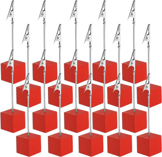 PATIKIL Place Card Holder, 20Pcs Memo Clip Holder Stand with Alligator Clasp Table Number Holders Wooden Base for Pictures Note Card Paper, Red