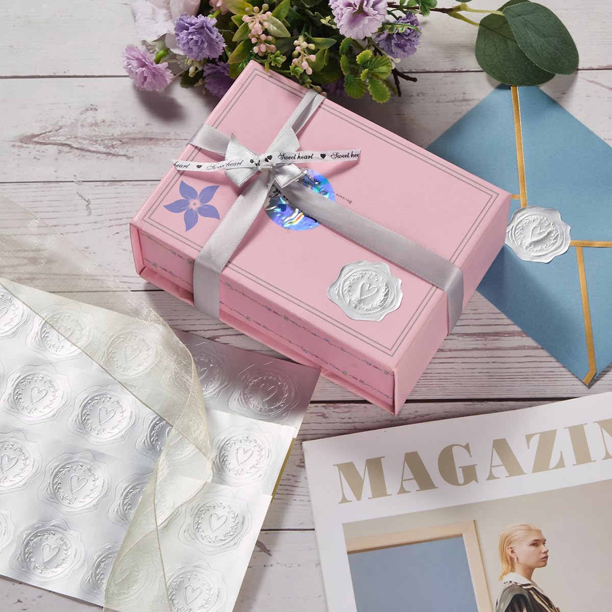 300 Pieces Embossed Silvery Foil Stickers for Envelopes, Wedding Invitations, Christmas Greeting Cards Envelopes (Silvery Heart-Love)