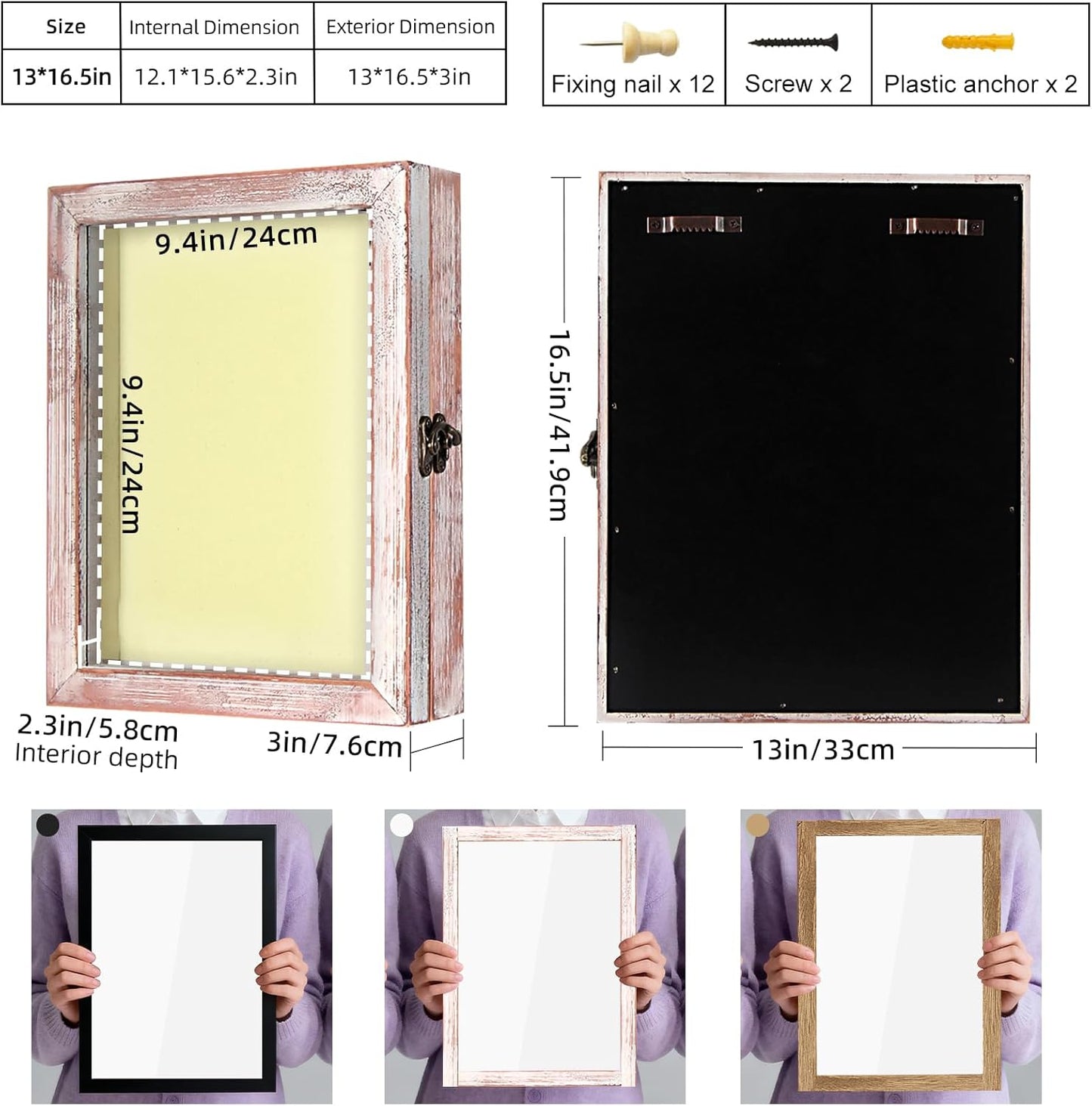 TJ.MOREE Flowers Shadow Box Display Case 13 x 16 Vintage Large Shadow Box Frame with Glass Window Door Farmhouse Deep Picture Frame Wedding Bouquet Memorabilia Photos Memory Box - White Pink