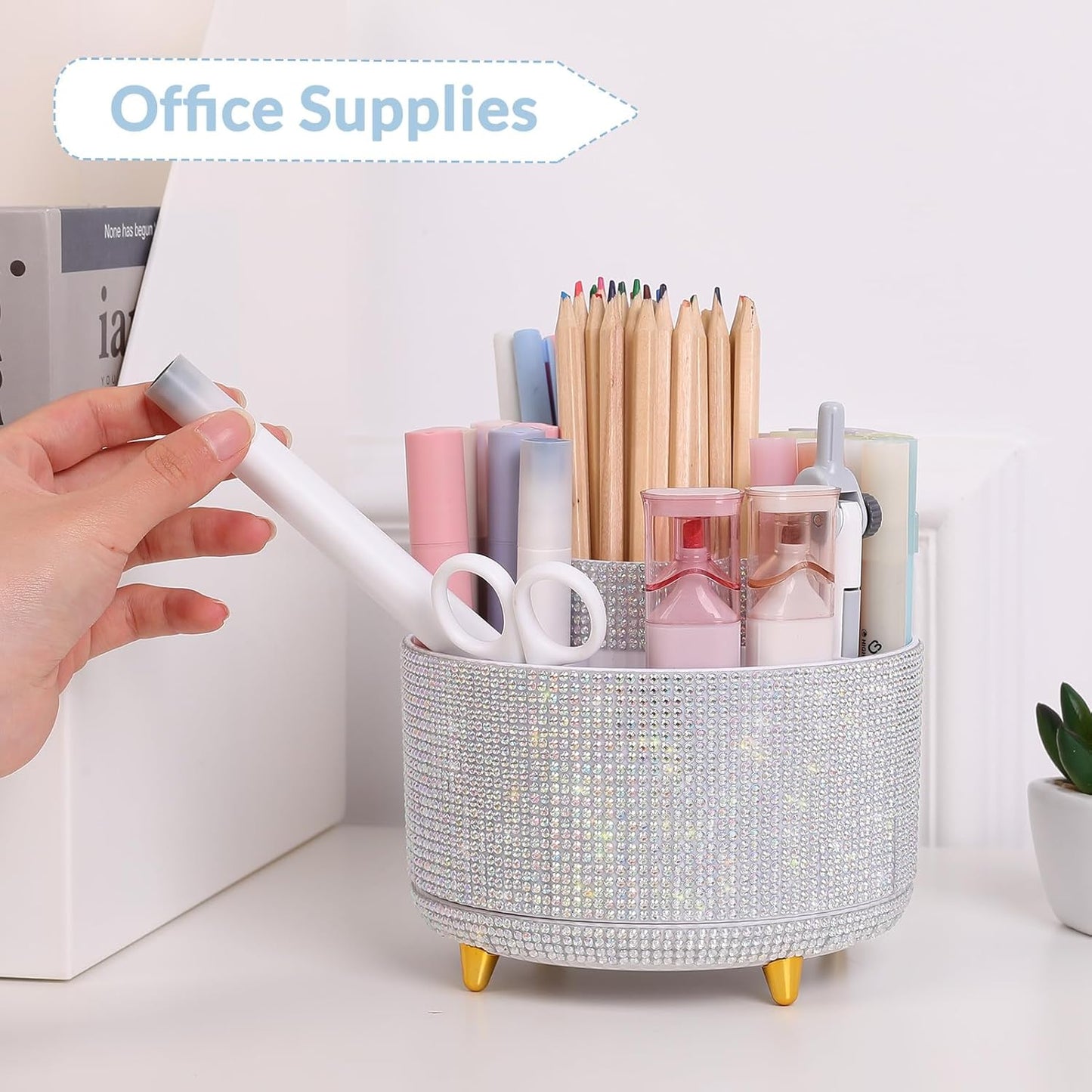 SKYDUE 360 Degree Rotating Desk Organizer, Shining Dual-Purpose Rhinestone Pencil Pen Holder, Rotating Desk Pen Organizer with 5 Slots, Rhinestone Pencil Cup for Office, School, Home